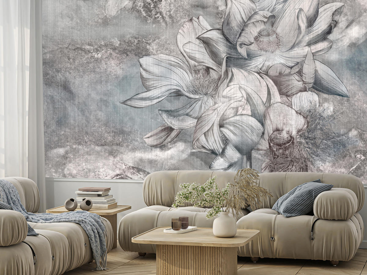 FOTOTAPETE für Wohnzimmer Wunderschöne Blume Betonwand Retro 250x175 - Grau, Papier (250/175cm) - Muralo
