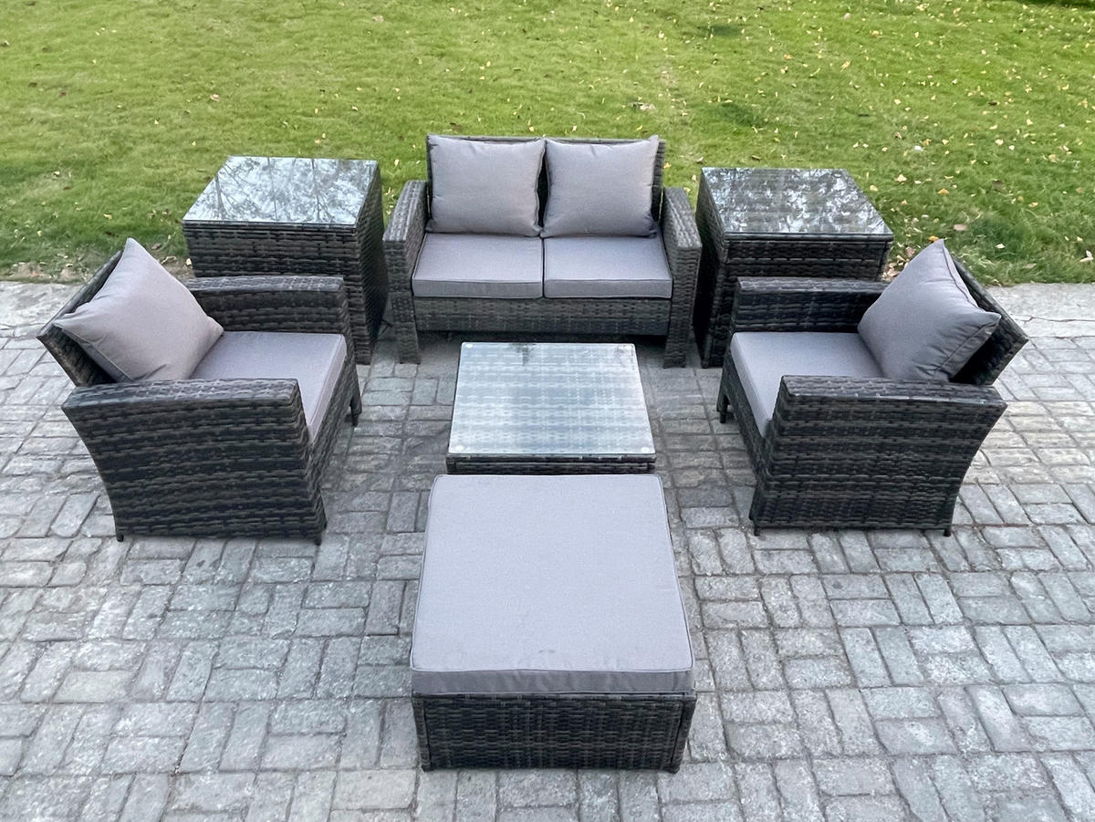 GARTENSOFA Hohe Rückenlehne Polyrattan Dunkelgrau 5-Sitzer - Dunkelgrau, Metall - Fimous