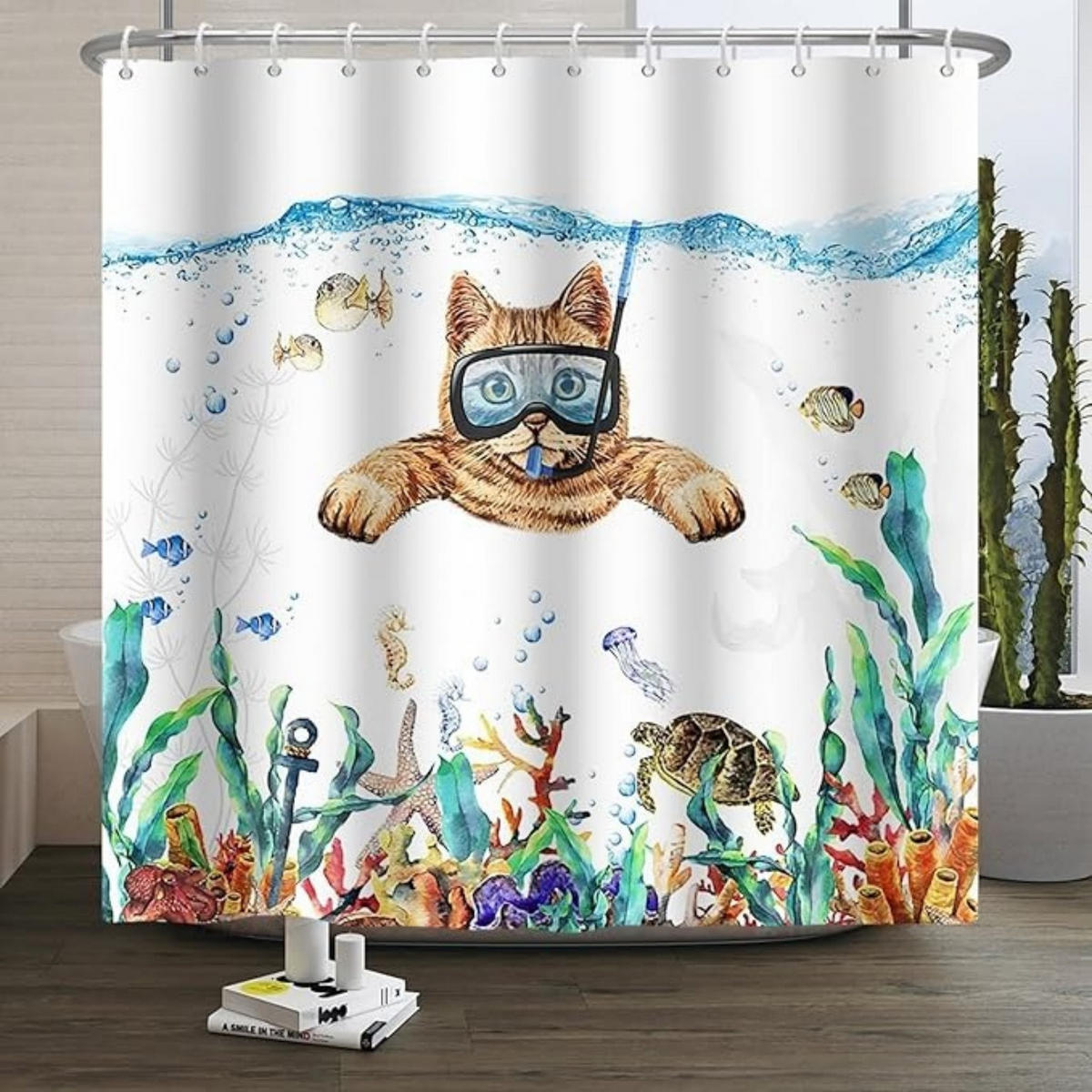 DUSCHVORHANG Marineblau 120 x 180 cm Ozean Katze Fisch Schildkröte - Blau, Textil (180/180cm) - MCBOSON