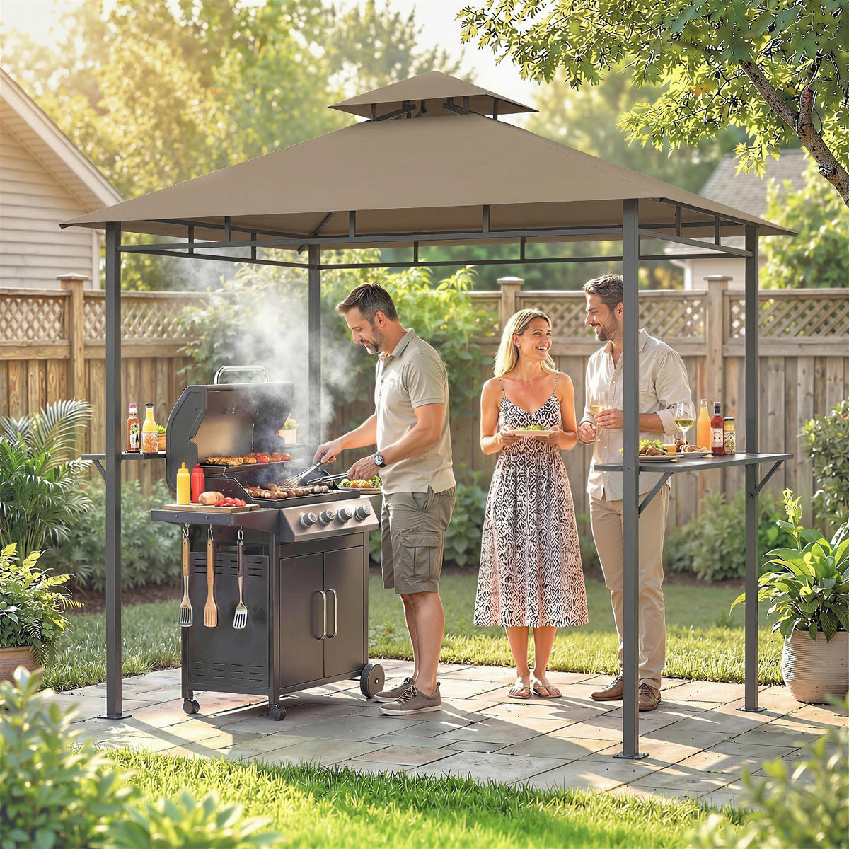 GRILLPAVILLON DE-12741 245/146/255 cm Doppeldach, 2 Seitenregale Braun - Braun, Metall (146/255/245cm) - ComfortXL