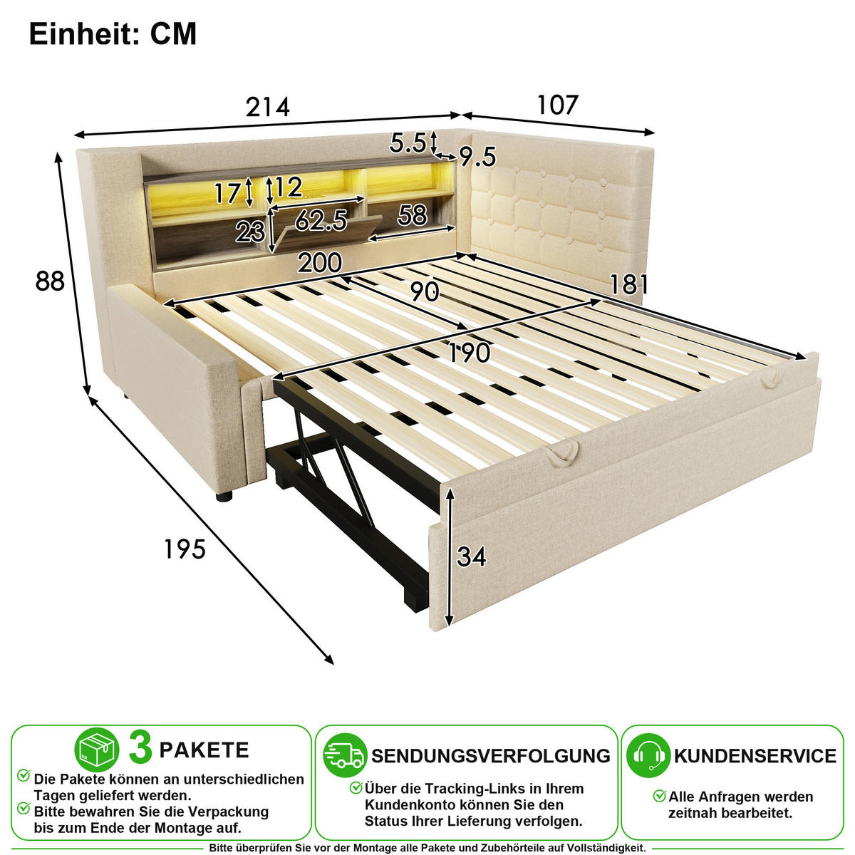 POLSTERBETT 90/200 cm & 90/190 cm in Beige Leinen mit Ausziehbett, LED und USB - Beige, Holzwerkstoff/Textil (90/200cm) - CHICFURN