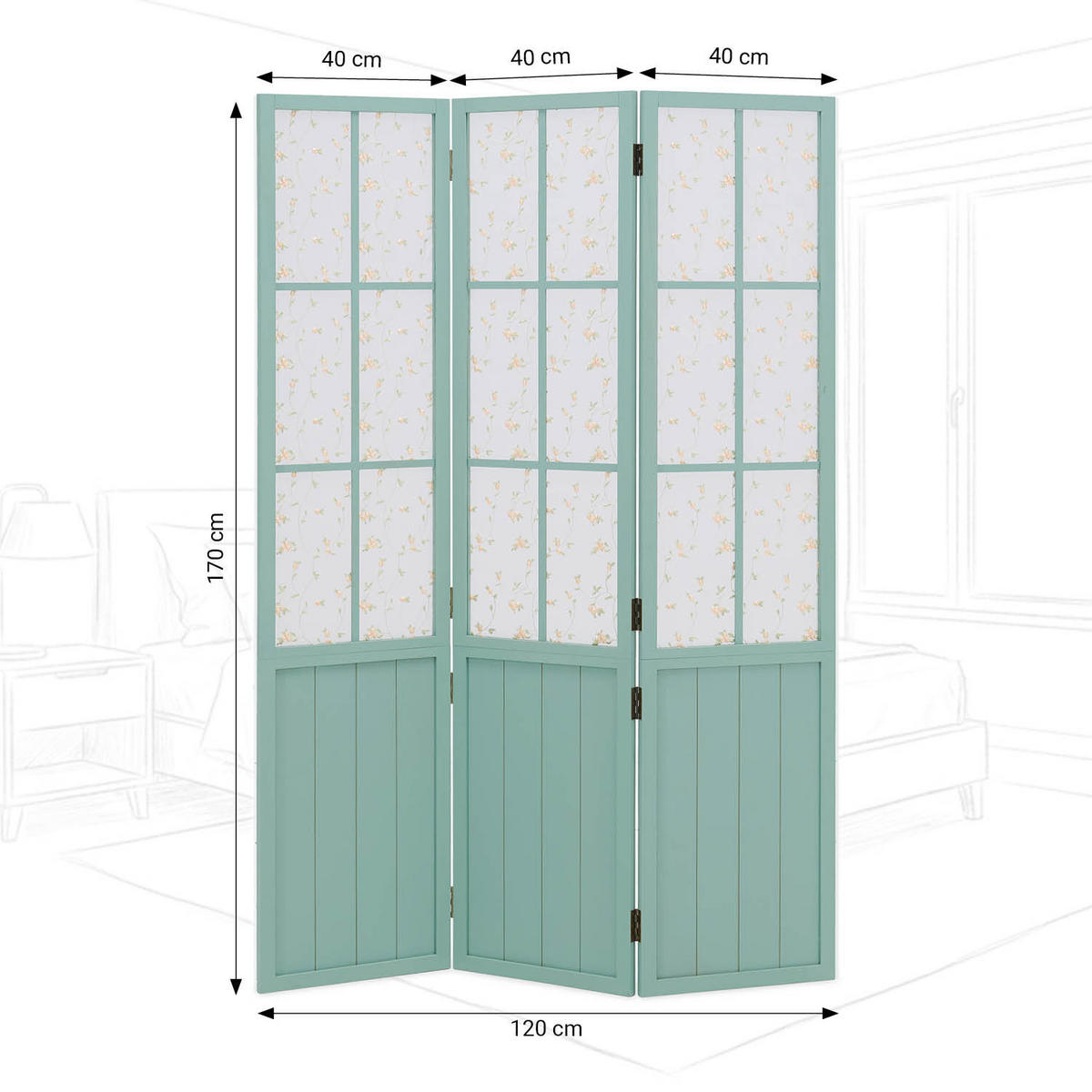PARAVENT 3-tlg. 120/170 cm Türkis Landhausstil - Türkis, Holz (120/170/2cm) - Homestyle4u
