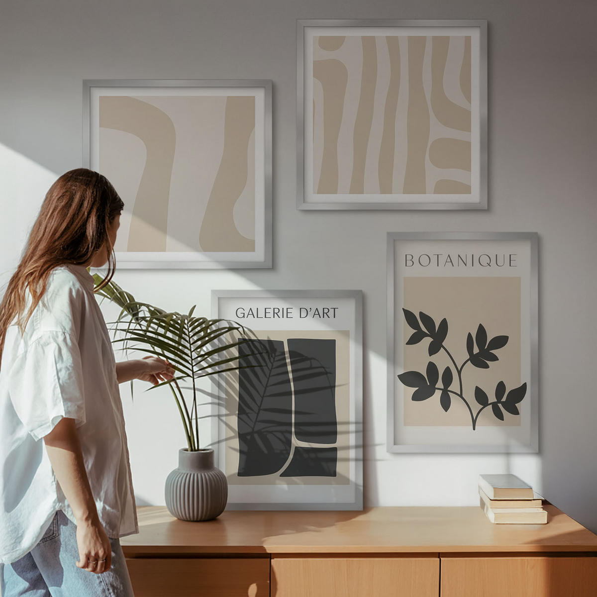 BILDER SET 4er Set - 50x50 cm & 40x60 cm Silberner Rahmen - Abstrakte Pflanzenmotive - Silberfarben, Kunststoff (50/50cm) - TULUP
