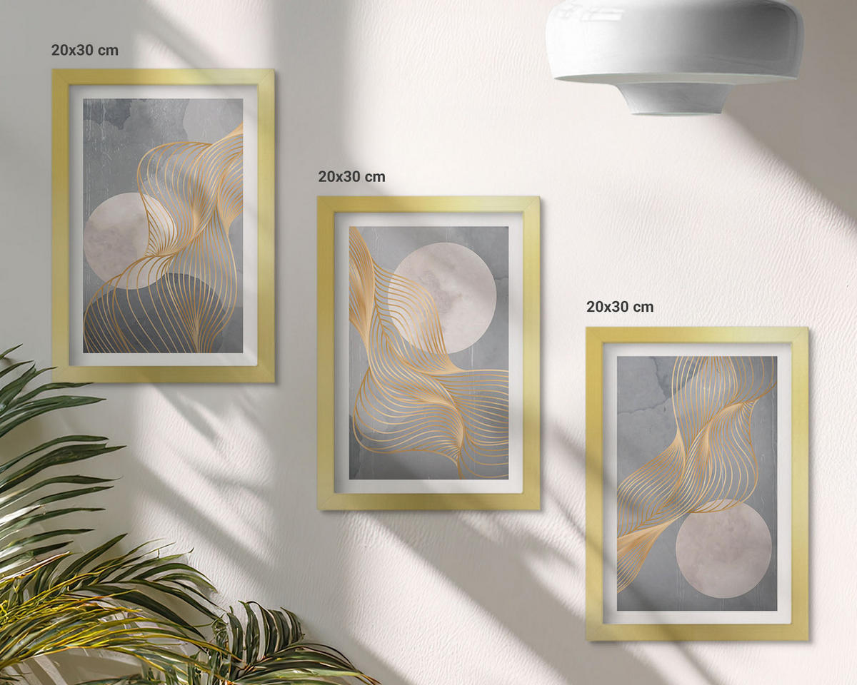 WANDBILDER 3er Set - 20x30 cm Goldrahmen - Abstrakte Muster Wellen Kreise - Goldfarben, Kunststoff (20/30cm) - ArtPrintCave