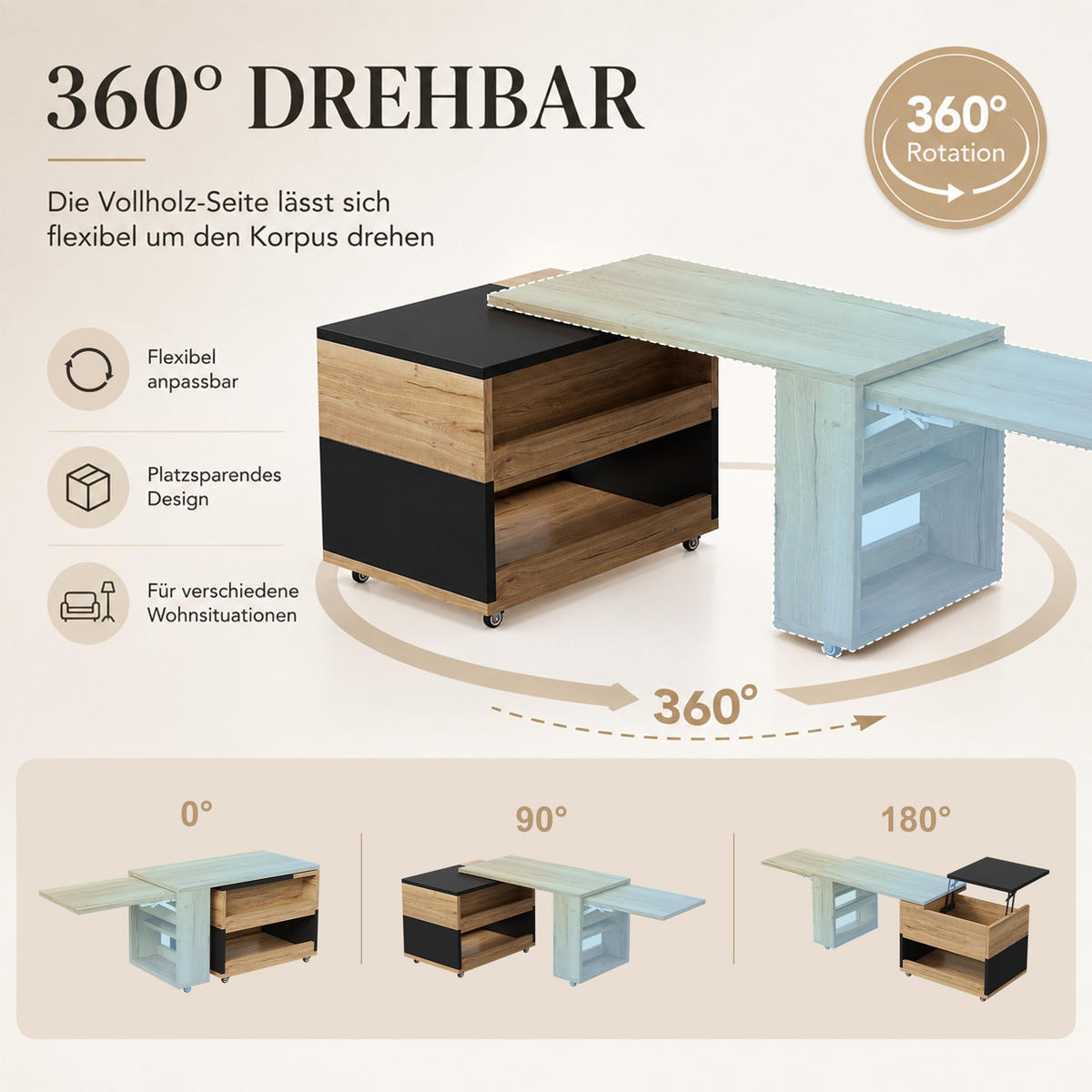 COUCHTISCH 360° drehbar mit Liftfunktion, Stauraum/Rollen, ausziehbar, - Eichefarben/Schwarz, Holz/Kunststoff (50/120/55cm) - LVHOM