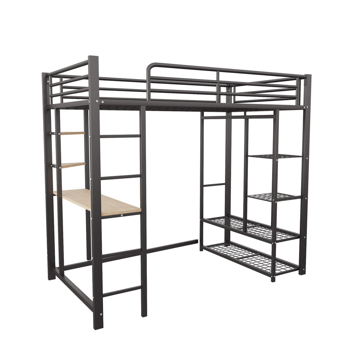 HOCHBETT 90/200 cm aus Metall und MDF mit Schreibtisch und Kleiderstange Schwarz - Schwarz, Metall (90/200cm) - Modenvie