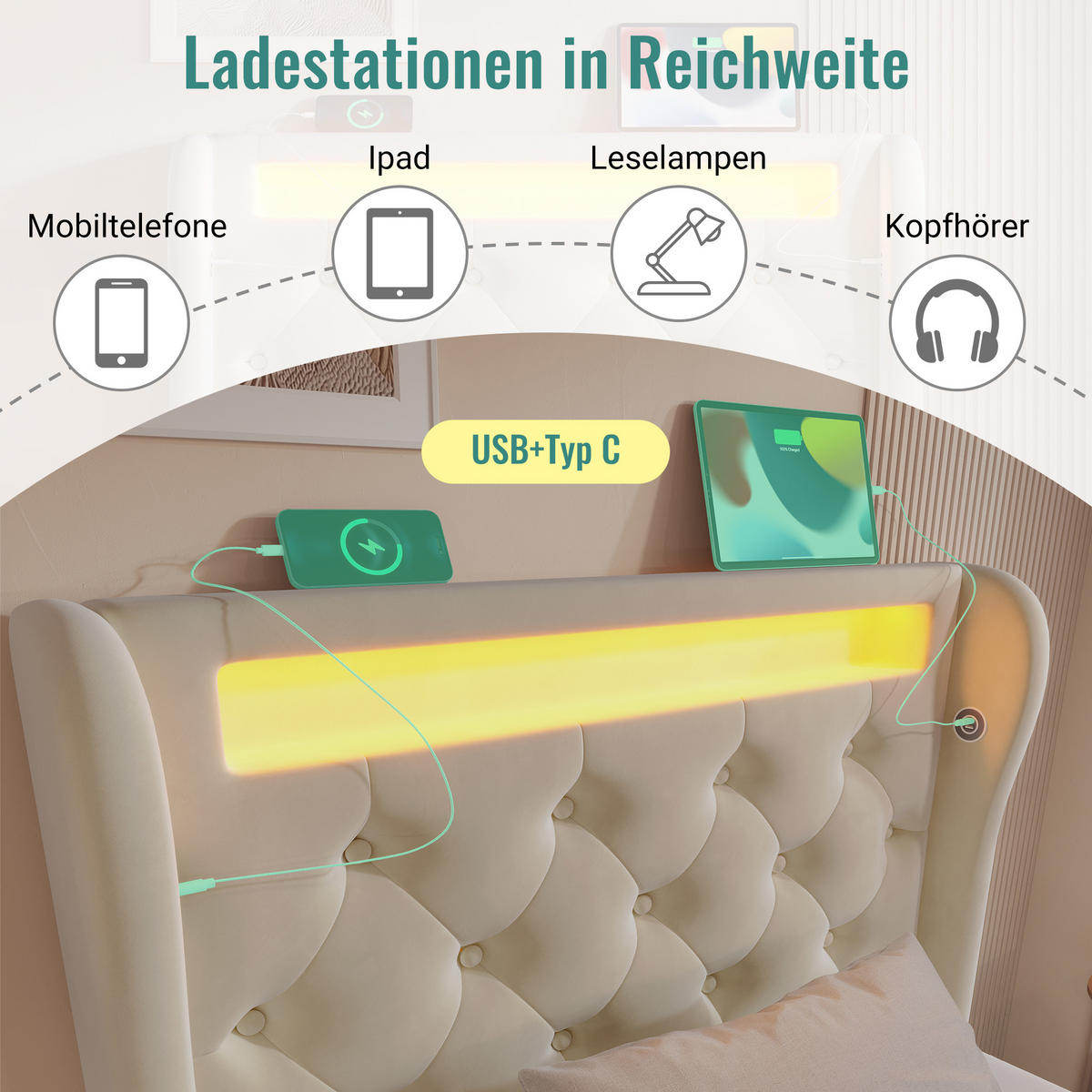 POLSTER EINZELBETT 90x200cm mit LED USB-C & Hydraulik Stauraum Beige - Beige, Holz (90/200cm) - FLIEKS