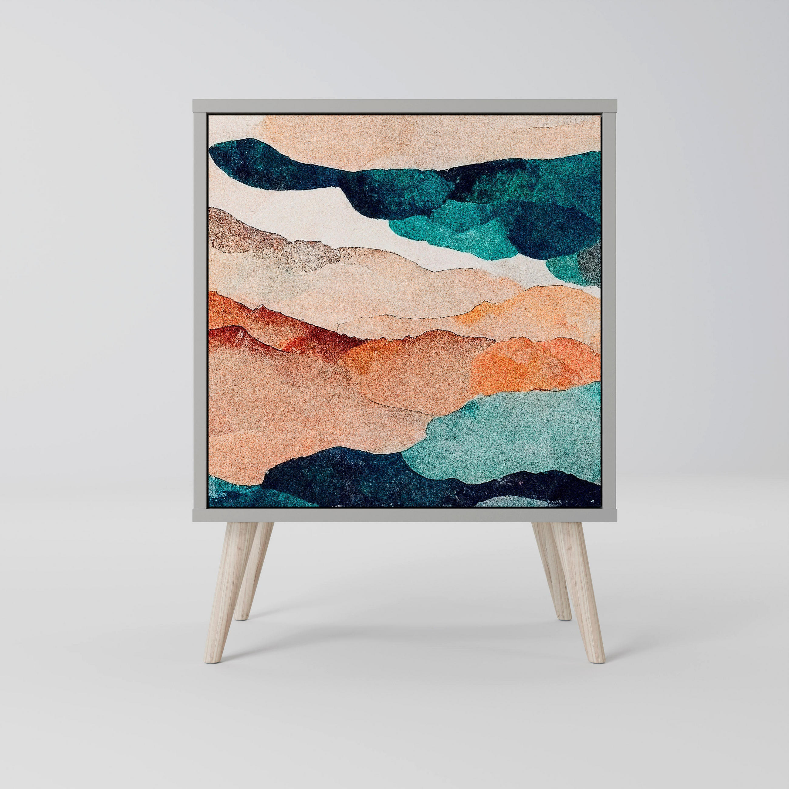 SIDEBOARD ABSTRACT LANDSCAPE, Grau, 57,5x42x77,5 cm, Schräge Buchenholzfüße - Buchefarben/Multicolor, Holzwerkstoff/Buchenholz (57.5/77.5/42cm) - SpaceRebels