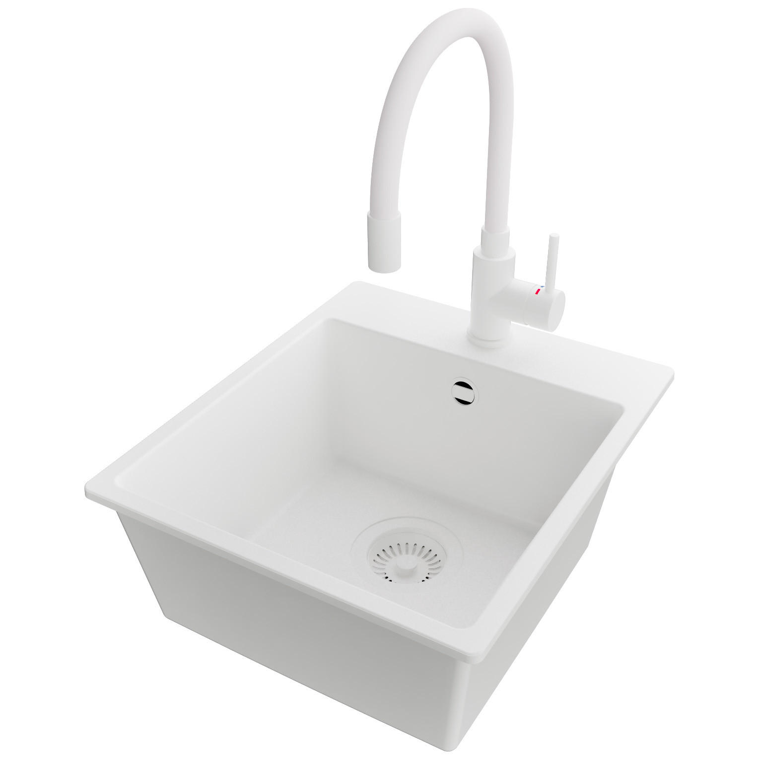 GRANITSPÜLE Riga Easy, 2-er set Alles Weiß 38/44 cm 1 Becken + Küchenarmatur 38/14 cm + Ablauf-Set ab 40er Unterschrank - Weiß, Kunststoff (38/19/44cm) - Primagran