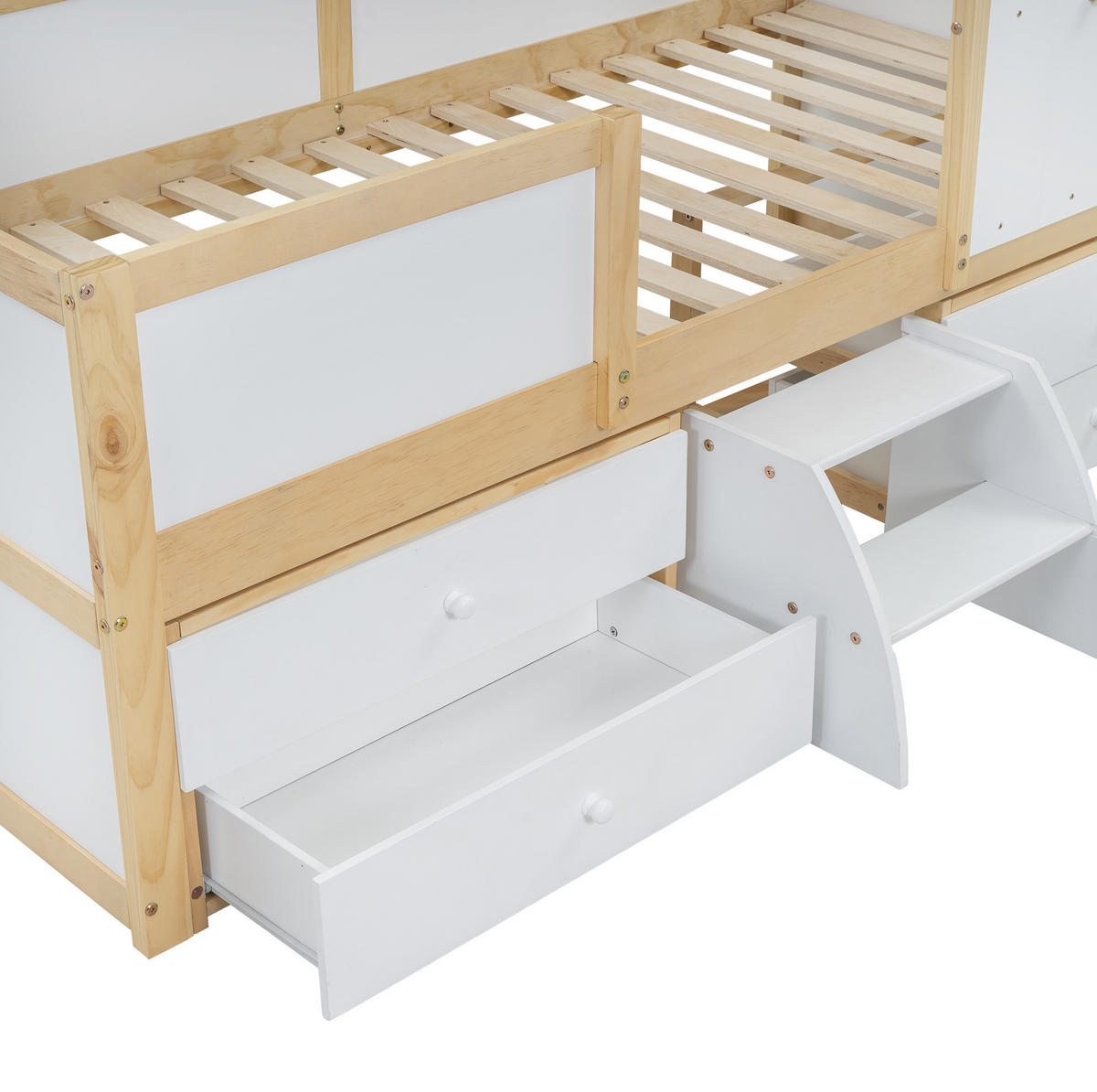 KINDERBETT Hausbett 90/200 cm, Weiß/Natur mit 4 Schubladen und Treppe - Weiß, Holz (90/200cm) - MIVRAY
