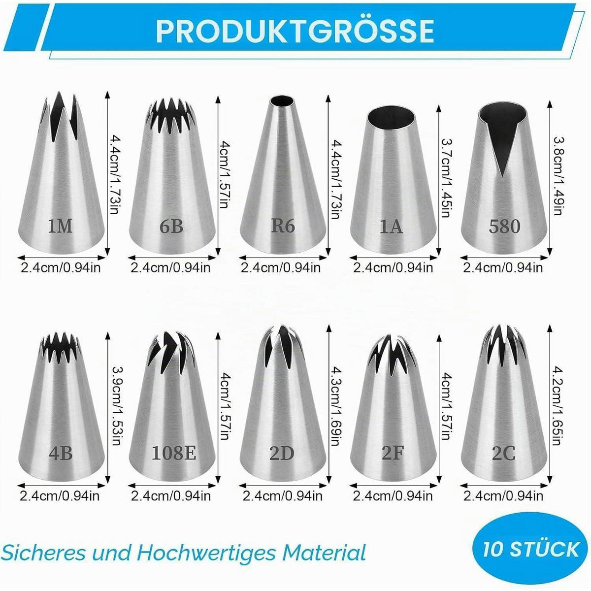 SPRITZTÜLLEN 10er Set Edelstahl Groß - Silberfarben, Metall (2.4/2.4/4.4cm)