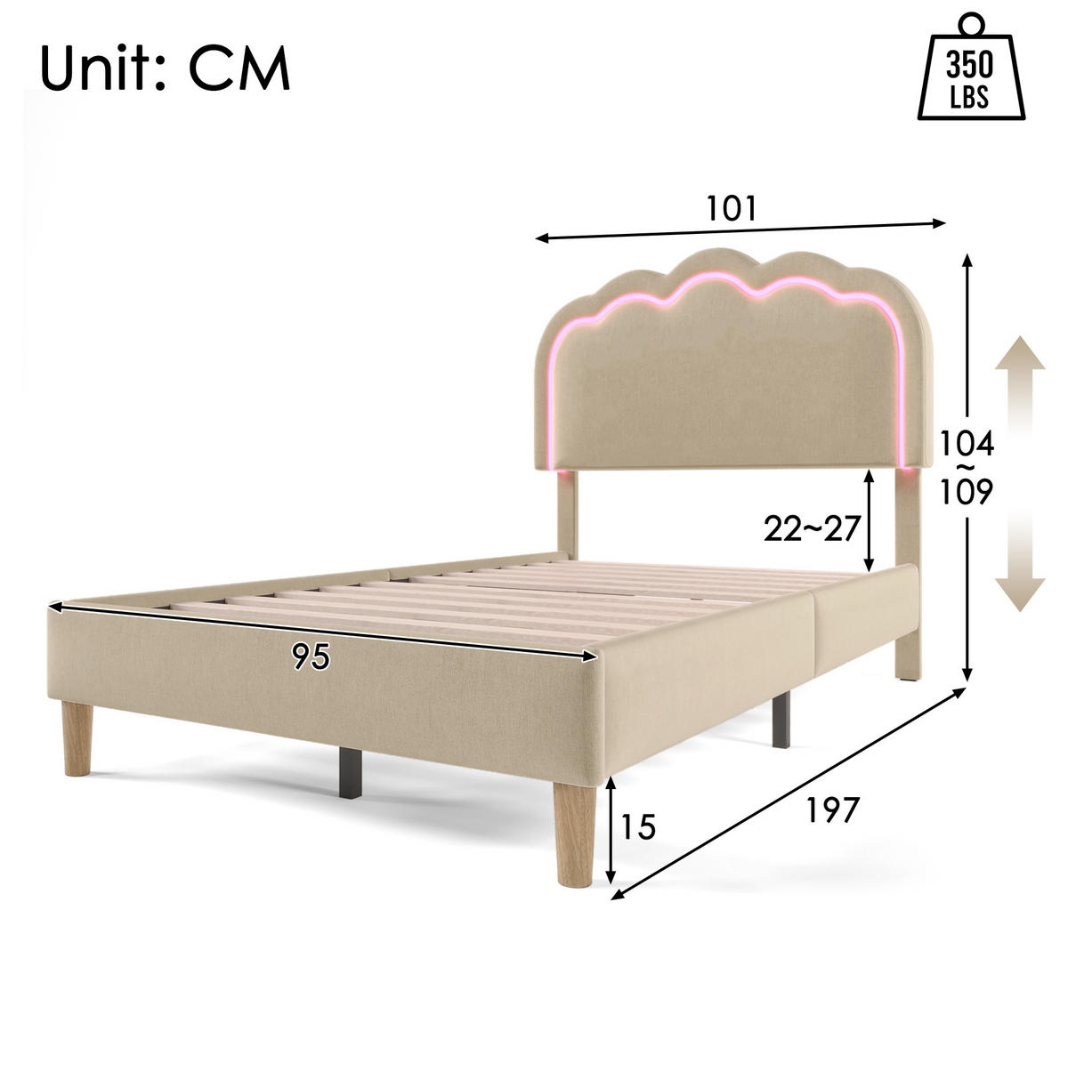 BETT mit LED-Kopfteil 90x190 cm Leinen Beige - Beige, Metall (90/190cm) - Meubliv