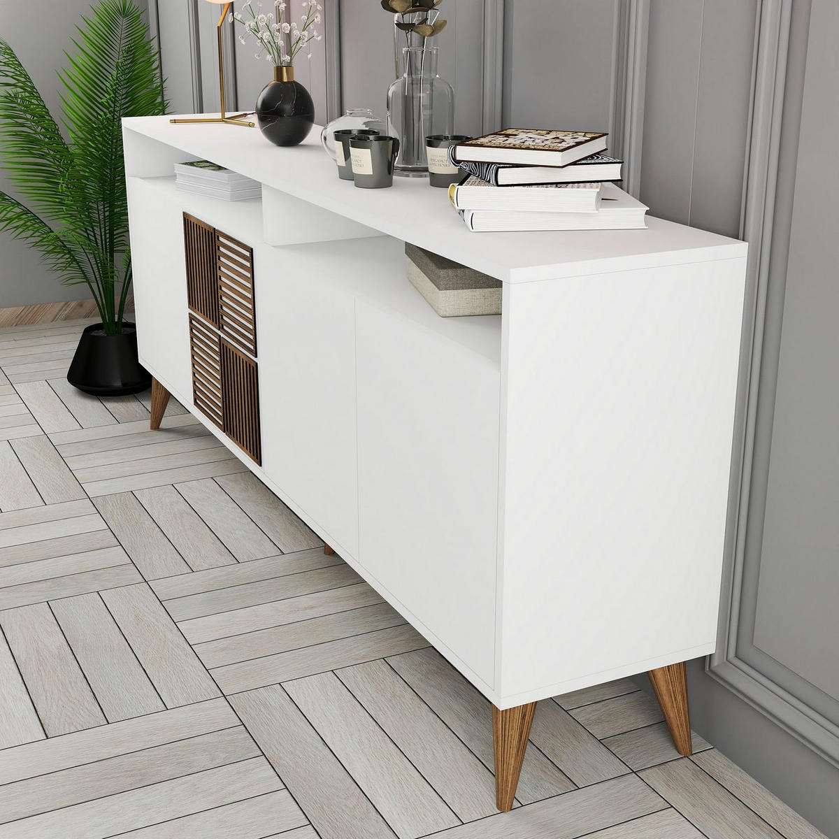 SIDEBOARD 4 Türen L180 cm - Milan - Weiß, Holzwerkstoff (35/78.6/180cm) - Calicosy