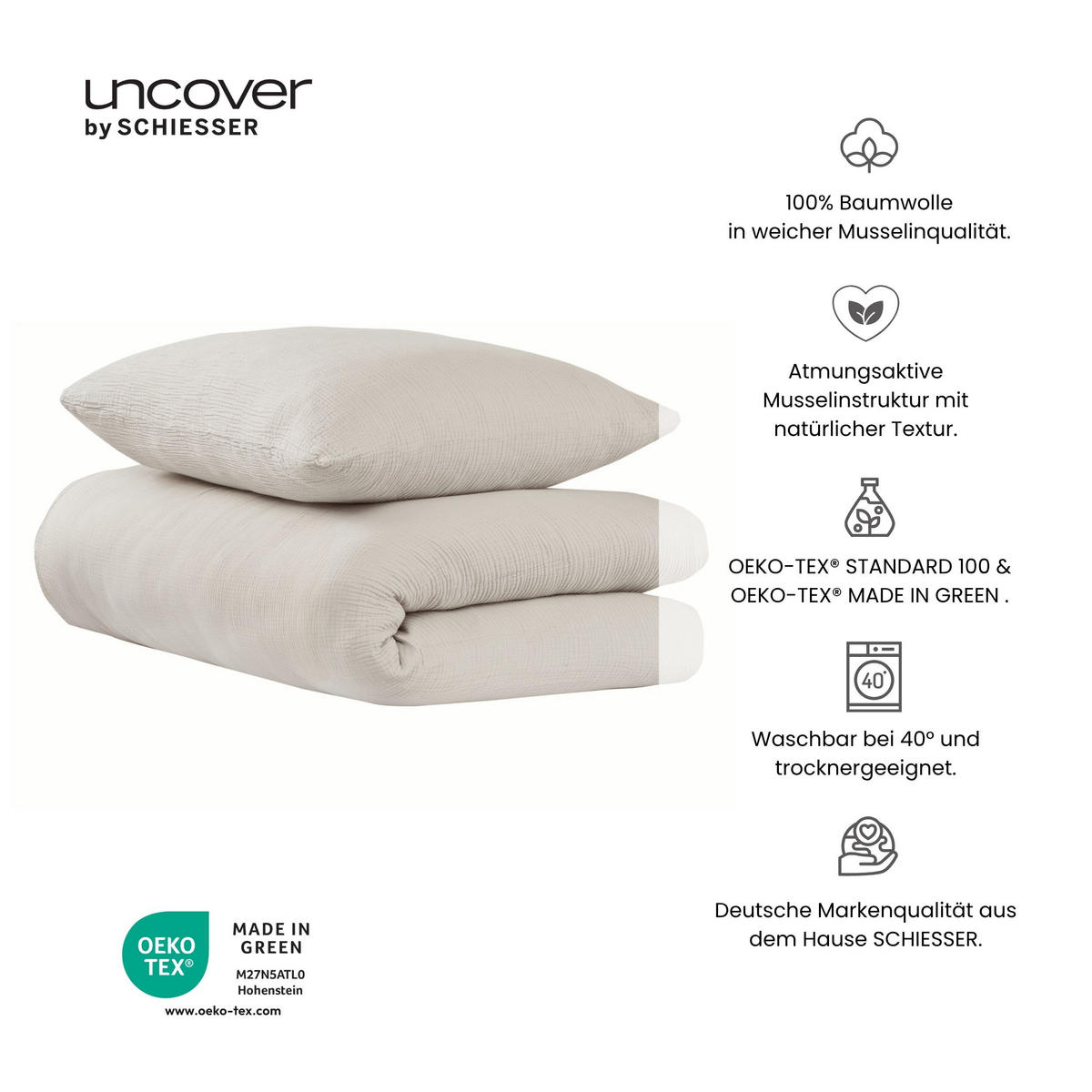 BETTWÄSCHESET Lennox - Musselin - 2-teilig - 135x200cm - Helltaupe - Taupe, Textil (135/200cm) - Uncover by Schiesser