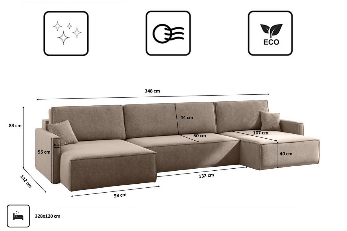 ECKSOFA Carlos U-Form Mit Schlaffunktion Und Bettkasten Stoff Salvador Dunkelbeige - Cappuccino, Holz (348/142cm) - Kaiser Möbel