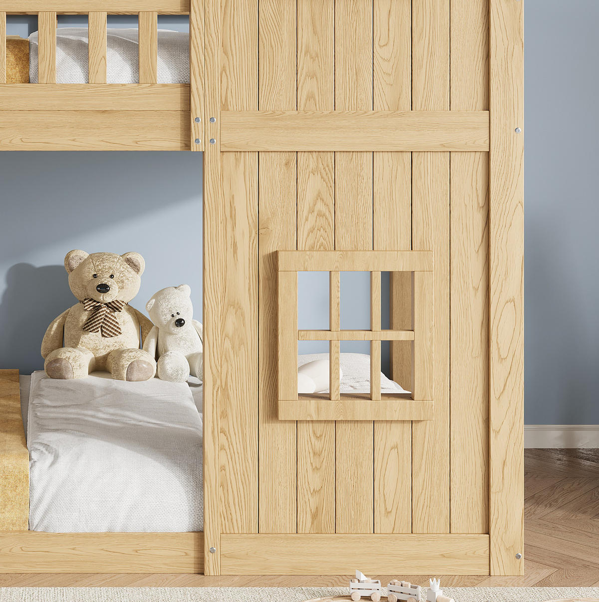 ETAGENBETT 90x200 cm in Natur mit Hausdesign, Treppe und Rundum-Schutz - Naturfarben, Holz (90/200cm) - IVMEU