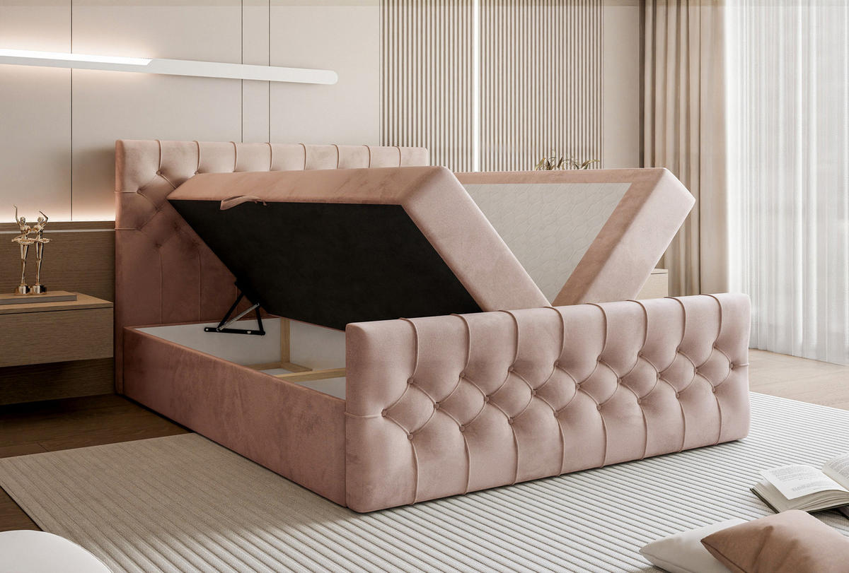 BOXSPRINGBETT Aurora mit Bettkasten, Puderrosa Samt 160x200 cm – inkl. H3 Matratze und Topper - Schwarz/Altrosa, Holzwerkstoff/Kunststoff (160/200cm) - WFL GROUP