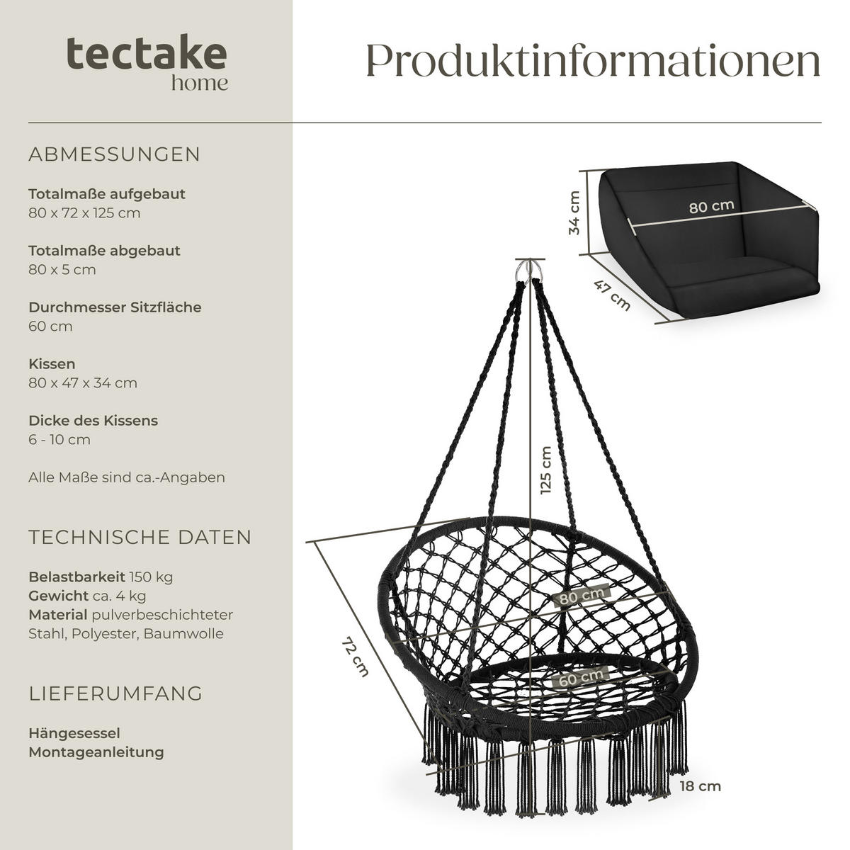 HÄNGESESSEL Grazia,80 x 72 x 125 cm,schwarz - Schwarz, Kunststoff/Metall (80/125/72cm) - tectake