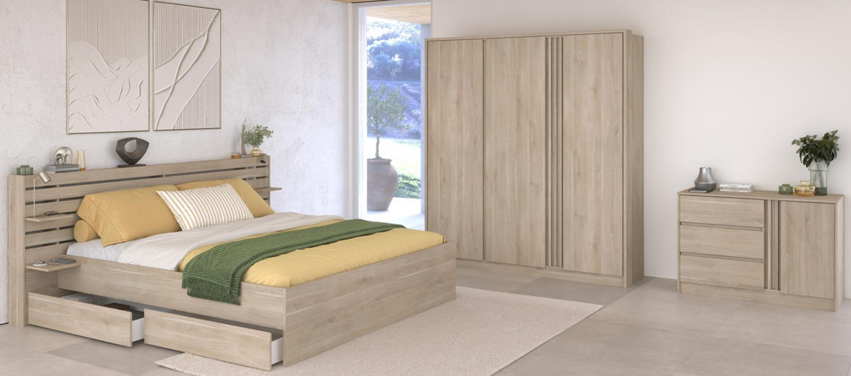 JUGENDZIMMER 3-teilig, Eiche japanisch, Komplettset mit Bett 140 x 200, Kleiderschrank, Kommode - Eichefarben, Holzwerkstoff (185/203/217cm) - Parisot Meuble
