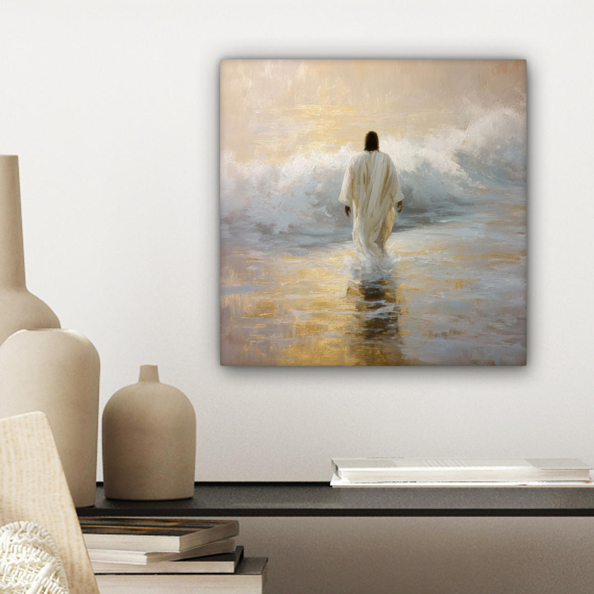 LEINWANDBILD Gemälde - Welle - Jesus - Abstrakt Deko Wohnzimmer 20x20 cm - Goldfarben, Textil (20/20cm) - MuchoWow