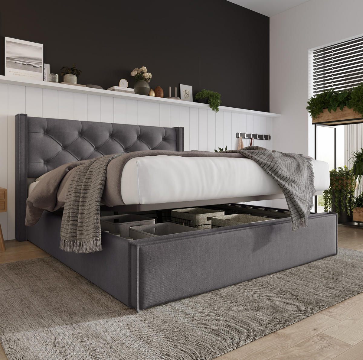 POLSTERBETT 160/200 cm grau mit Stauraum und Lattenrost - Grau, Textil (160/200cm) - OKWISH