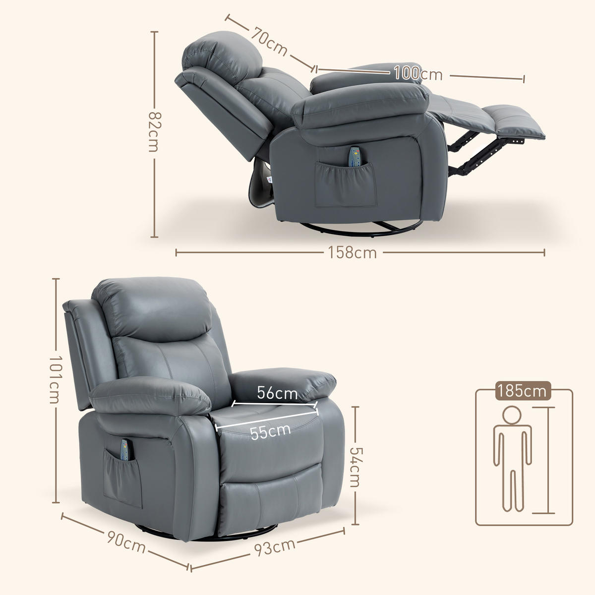 MASSAGESESSEL Drehbarer Relaxsessel mit 8 Vibrationsköpfen Liegefunktion Grau - Schwarz/Grau, Leder/Metall (90/101/93cm) - HOMCOM
