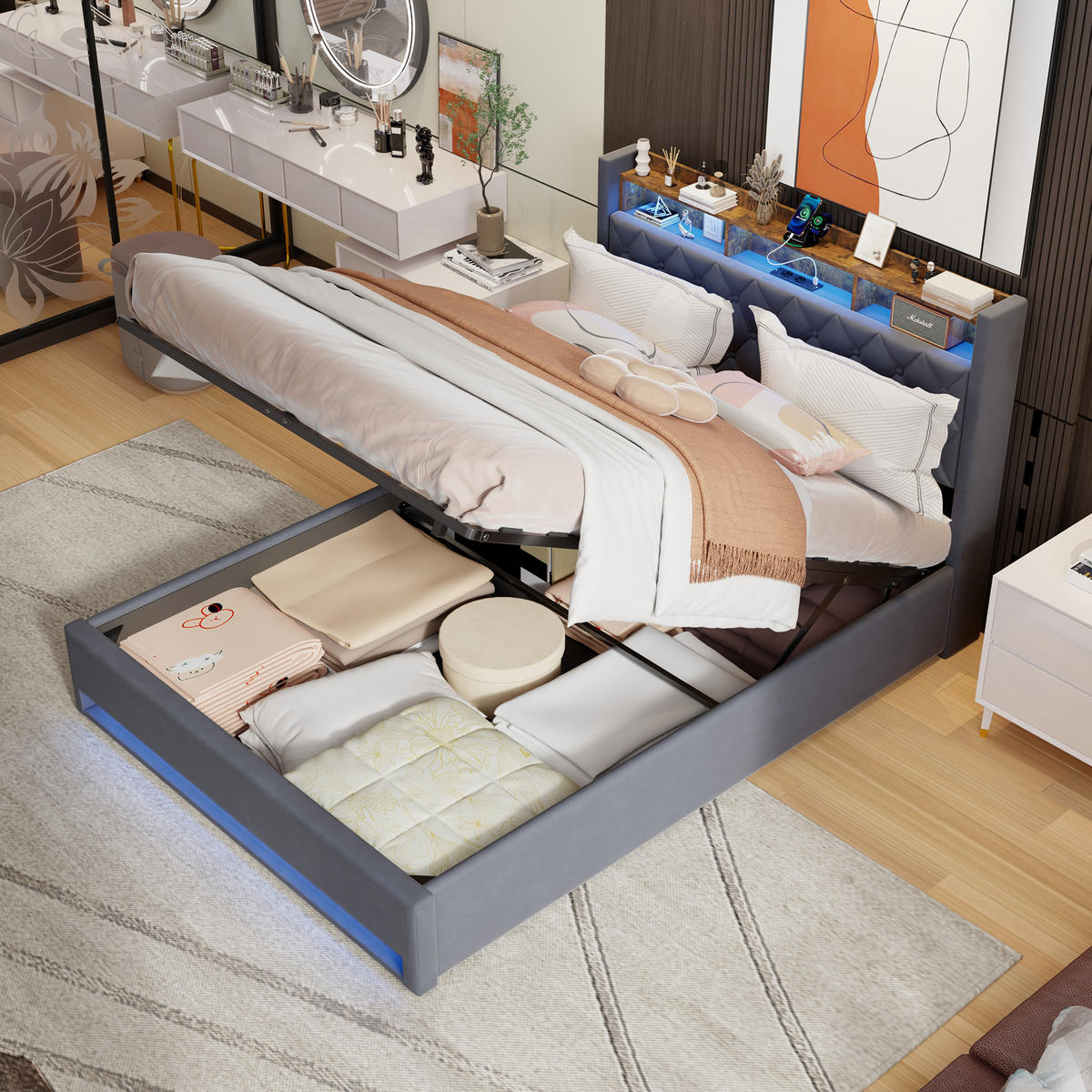 POLSTERBETT 160/200 cm Grau mit LED-Lichtleiste und USB-Anschlüssen - Grau, Holzwerkstoff (160/200cm) - OKWISH