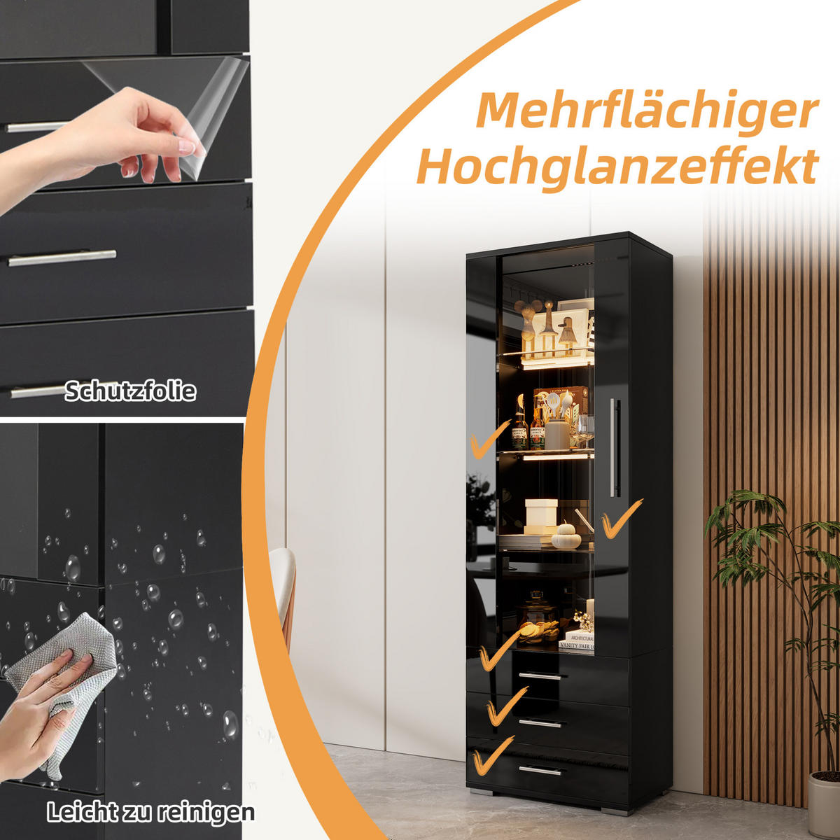 VITRINE 60/35/180 cm in Schwarz mit LED-Beleuchtung und 3 Schubladen - Schwarz, Holzwerkstoff (60/180/35cm) - Flora Grace