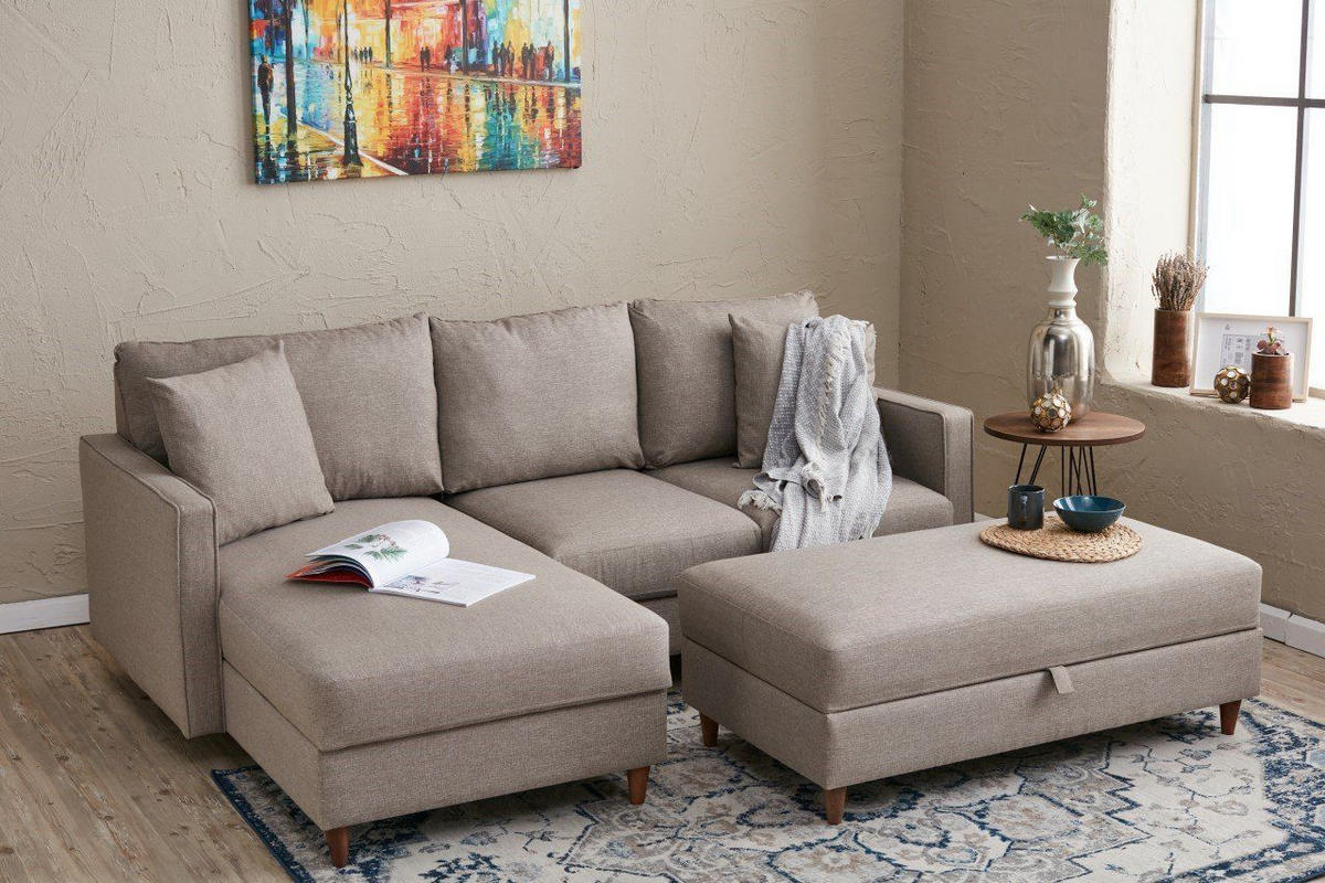 ECKSOFA mit Hocker, Schlaffläche - Beige/Walnussfarben, Holz/Kunststoff (210/155cm) - myHomelando