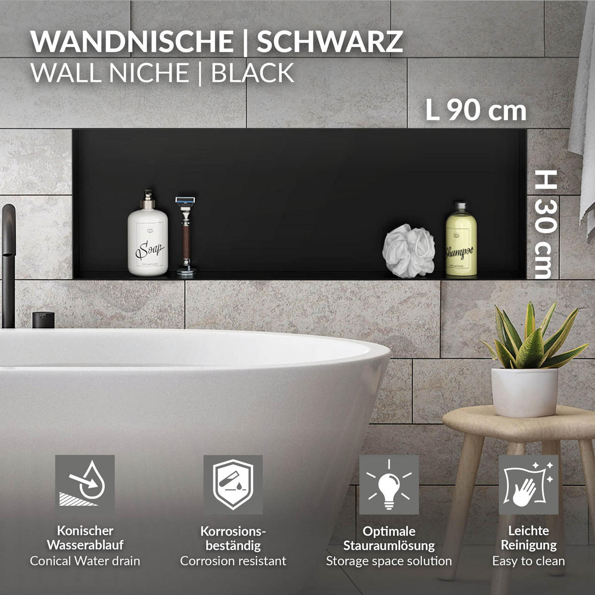 DUSCHNISCHE Schwarz 90/30 cm randlos - Schwarz, Metall (90/30/10cm) - LuxeBath