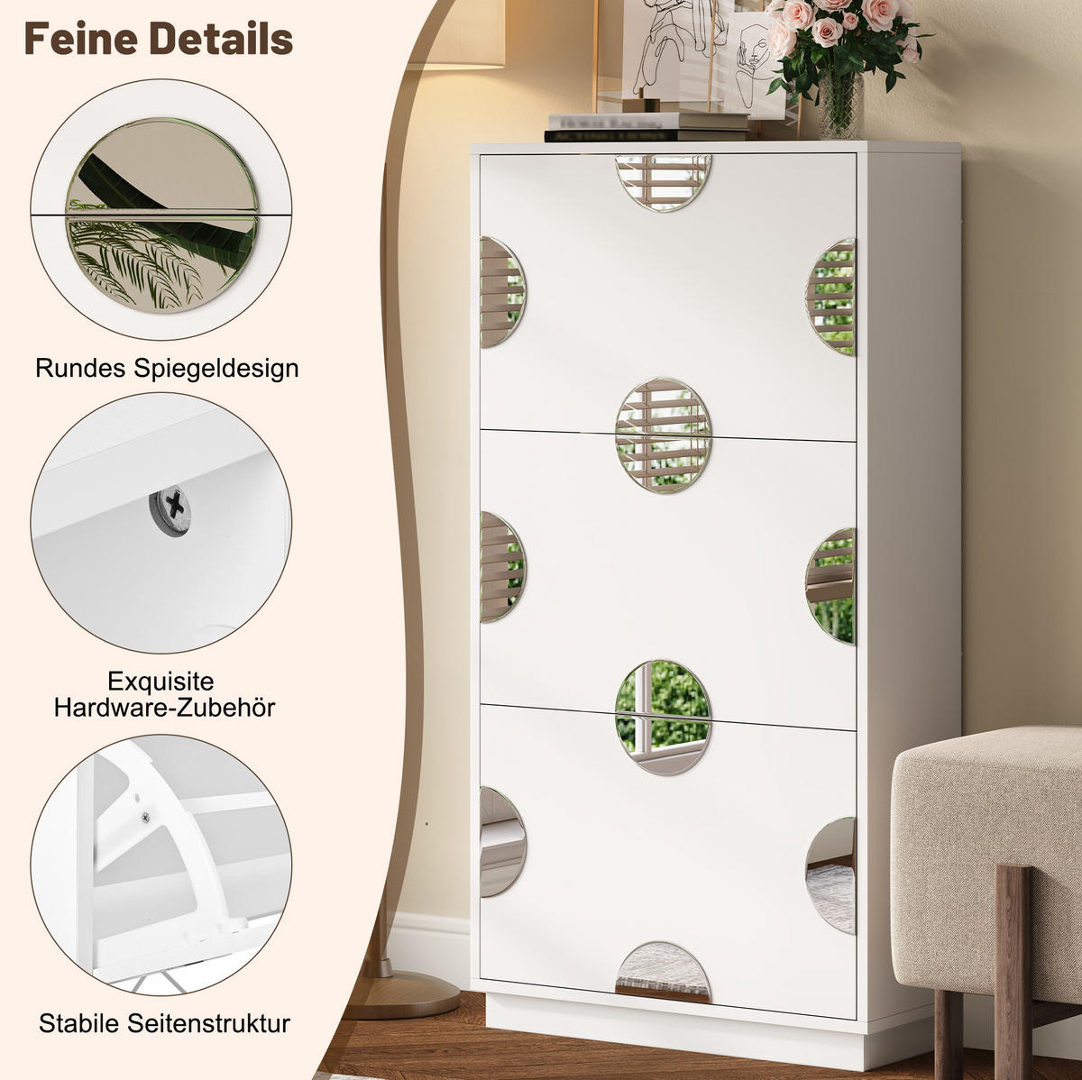 SCHUHSCHRANK mit 3 Klappen 63/24/120 cm in Weiß, schmales Design mit Spiegel - Weiß, Holzwerkstoff (63/120/24cm) - BEAOK