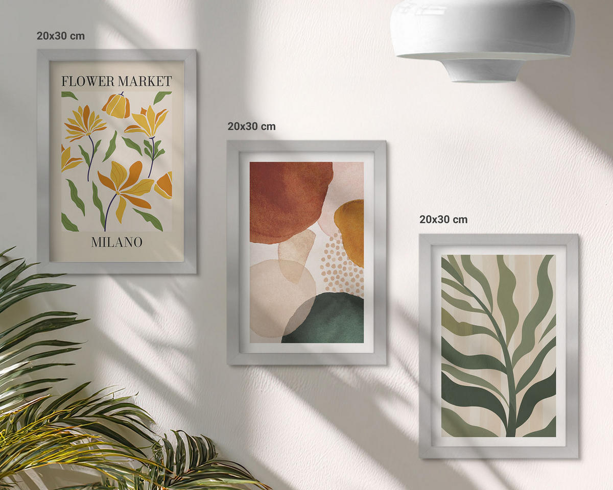 BILDER SET 3er Set - 20x30 cm Silberner Rahmen - Florale abstrakte Formen - Silberfarben, Kunststoff (20/30cm) - TULUP
