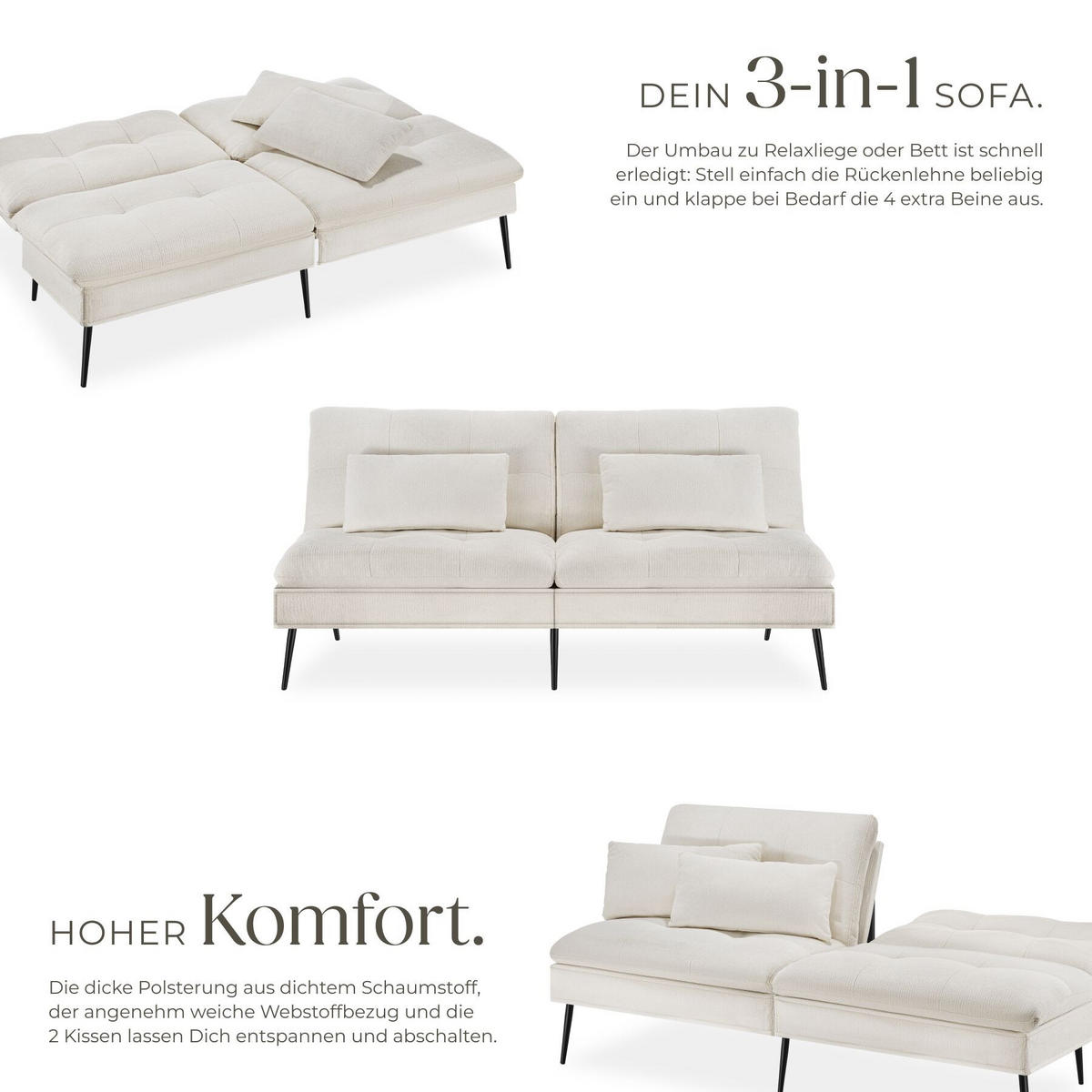 SCHLAFSOFA Tokio, Belastbarkeit 300 kg, 175 x 66 x 87 cm, creme-weiß - Creme/Weiß, Kunststoff/Textil (108/45/175cm) - tectake