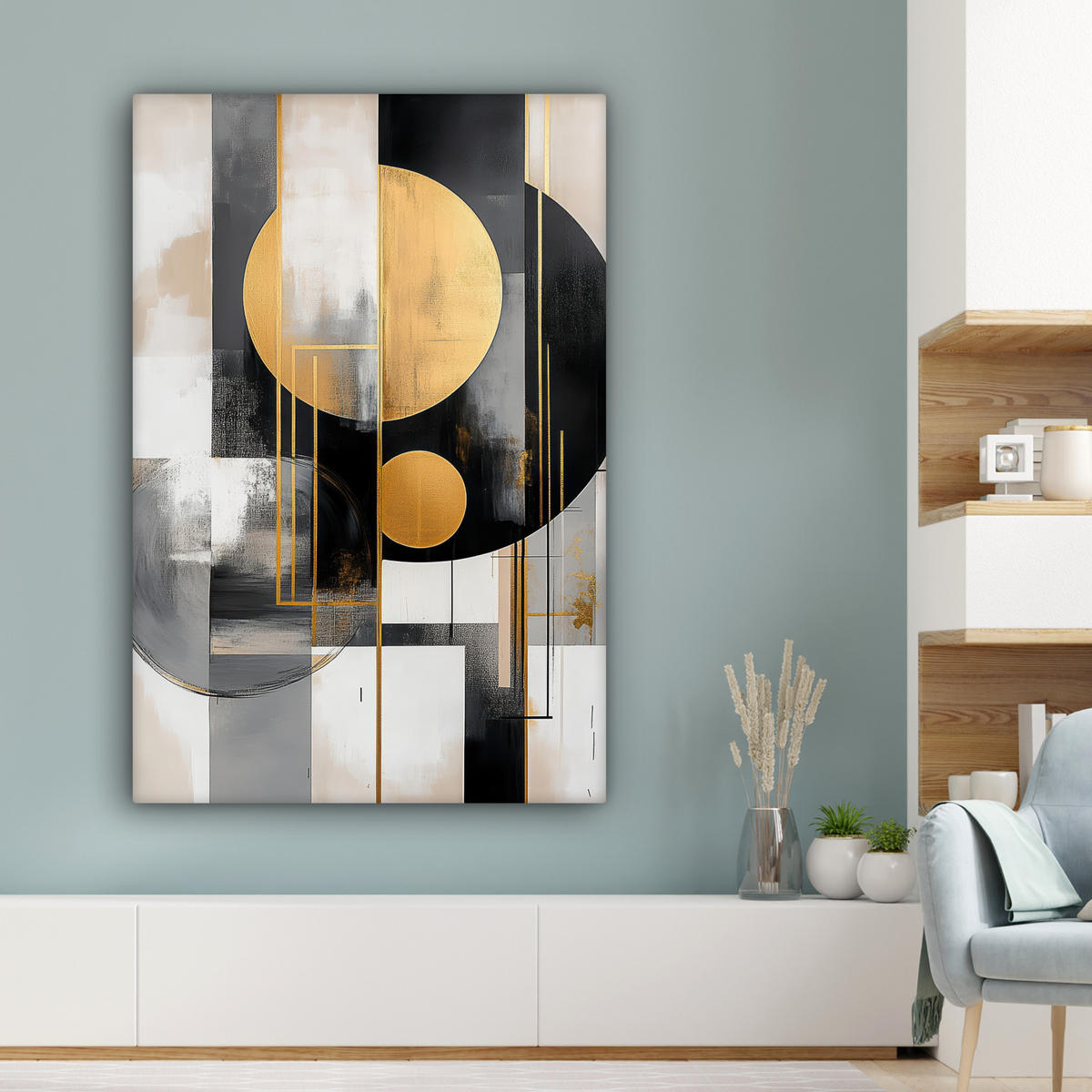 LEINWANDBILD Abstrakt - Gold - Silber - Formen - Ästhetisch - Modern 90x140 cm - Goldfarben, Textil (90/140cm) - MuchoWow