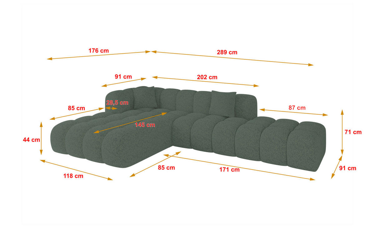ECKSOFA Ottomane Links OLEA-L2 - 289x176x71 cm Grün - Schwarz/Grün, Holzwerkstoff/Kunststoff (289/176cm)