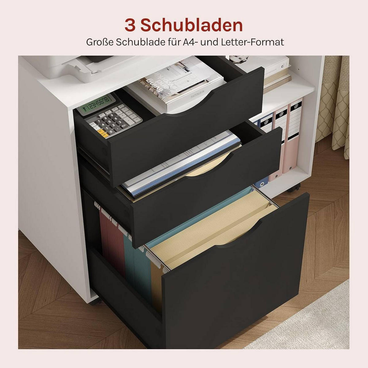 ROLLCONTAINER mit 3 Schubladen,5 Rollen, Weiß+Schwarz - Schwarz/Weiß, Holzwerkstoff (80/69.5/39.5cm) - Woltu