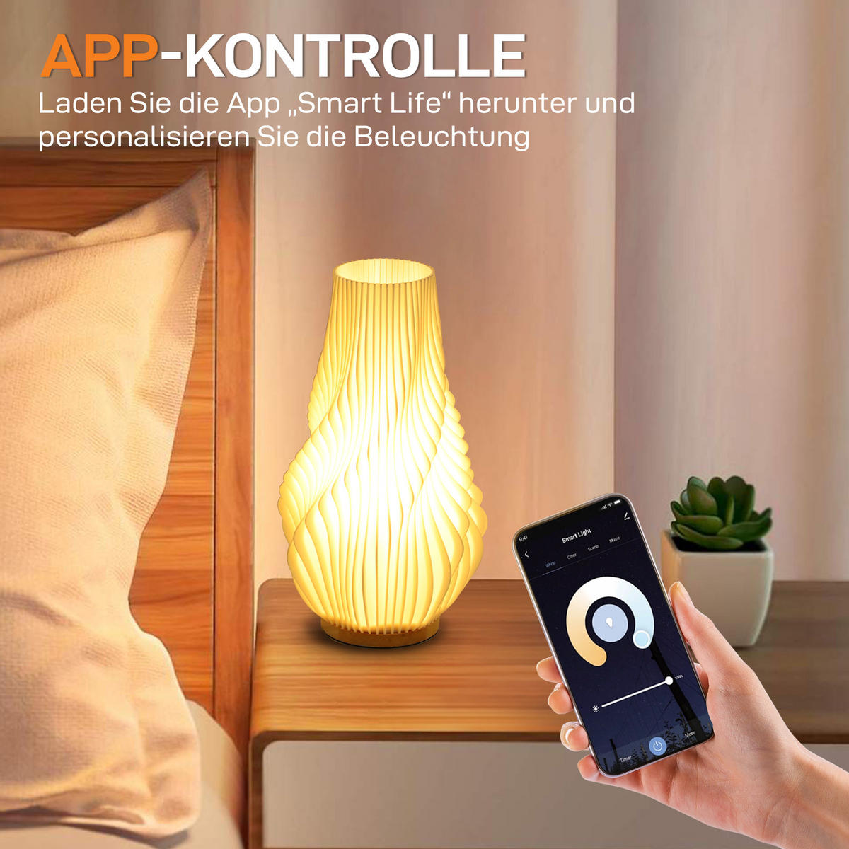 TISCHLAMPE mit 3D-Druck, App/Sprachsteuerung, Weiß - Weiß, Holzwerkstoff (20/20/34.5cm) - HOMCOM