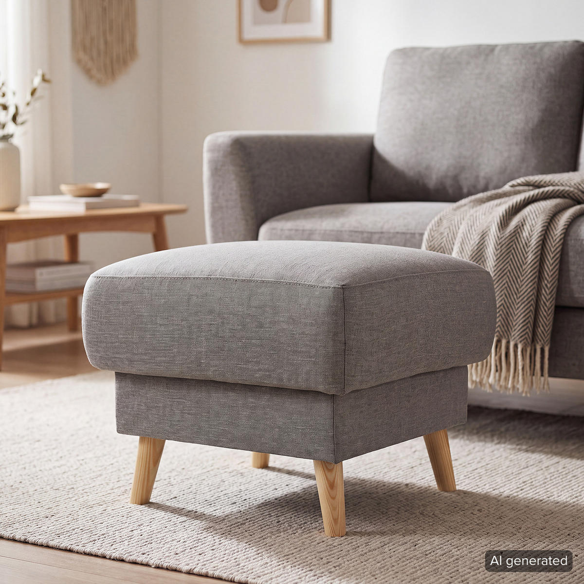 POLSTERHOCKER - Webstoff - Hellbraun/Grau, Holz/Textil (77/46/62cm) - home24