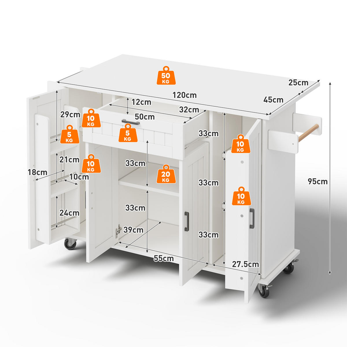 KÜCHENINSEL 120x70x95cm Weiß mit Klappplatte,verstellbaren Regalen & 5 Rollen - Weiß, Holzwerkstoff (120/95/70cm) - Modfu