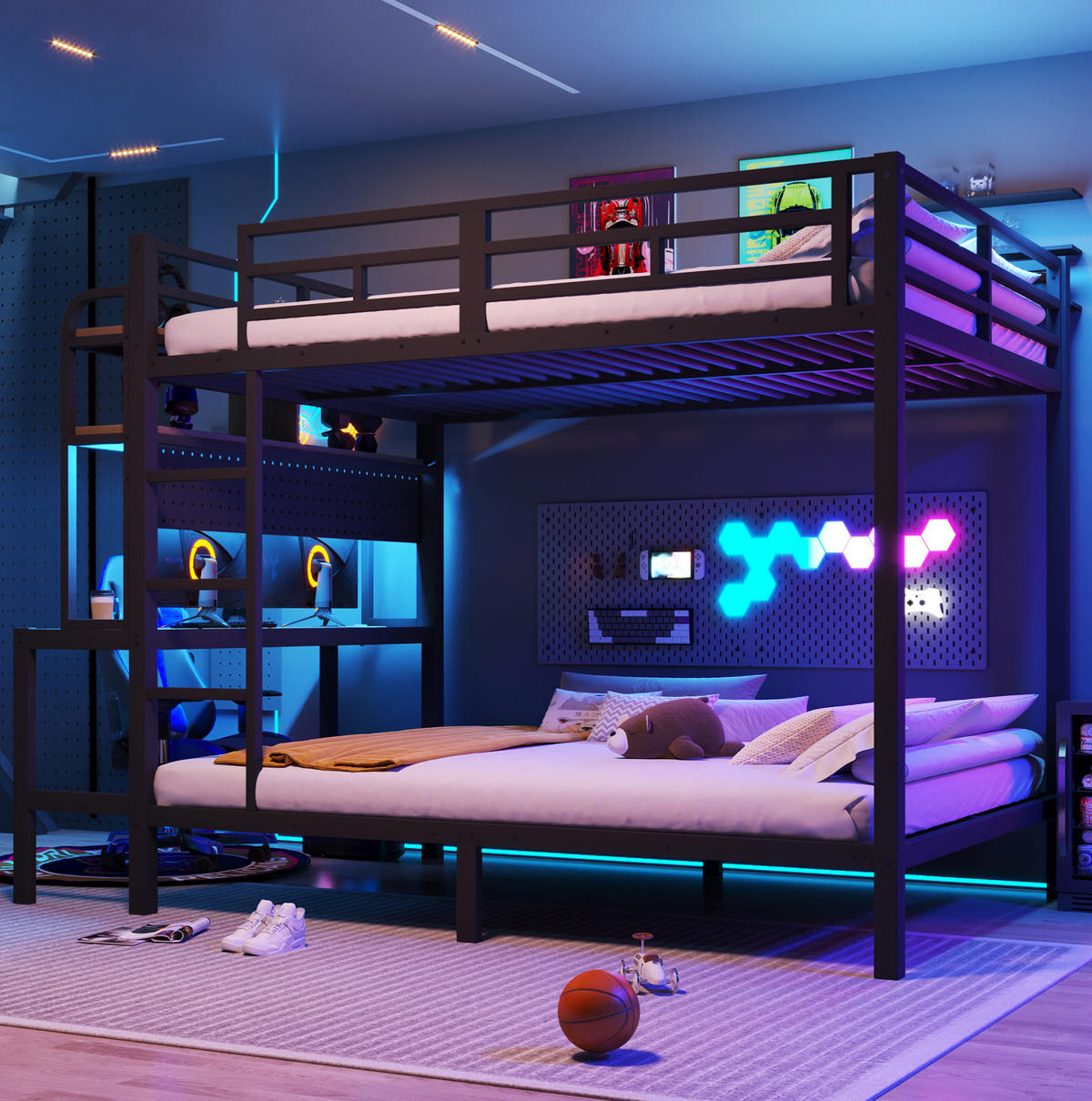 ETAGENBETT aus Metall und MDF 140x200 cm Schwarz mit Schreibtisch, LED-Beleuchtung und USB-Anschluss - Schwarz, Metall (140/200cm) - IVMEU