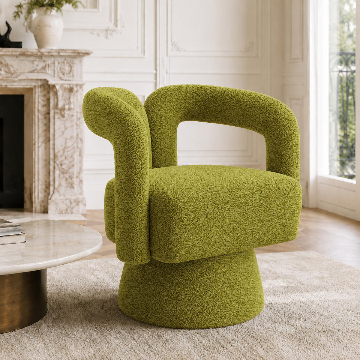 FOTOLIU Scaun rotativ la 360°, scaun tapițat cu structură Boucle - măsliniu, material textil (67/74/55cm) - Urban Meuble