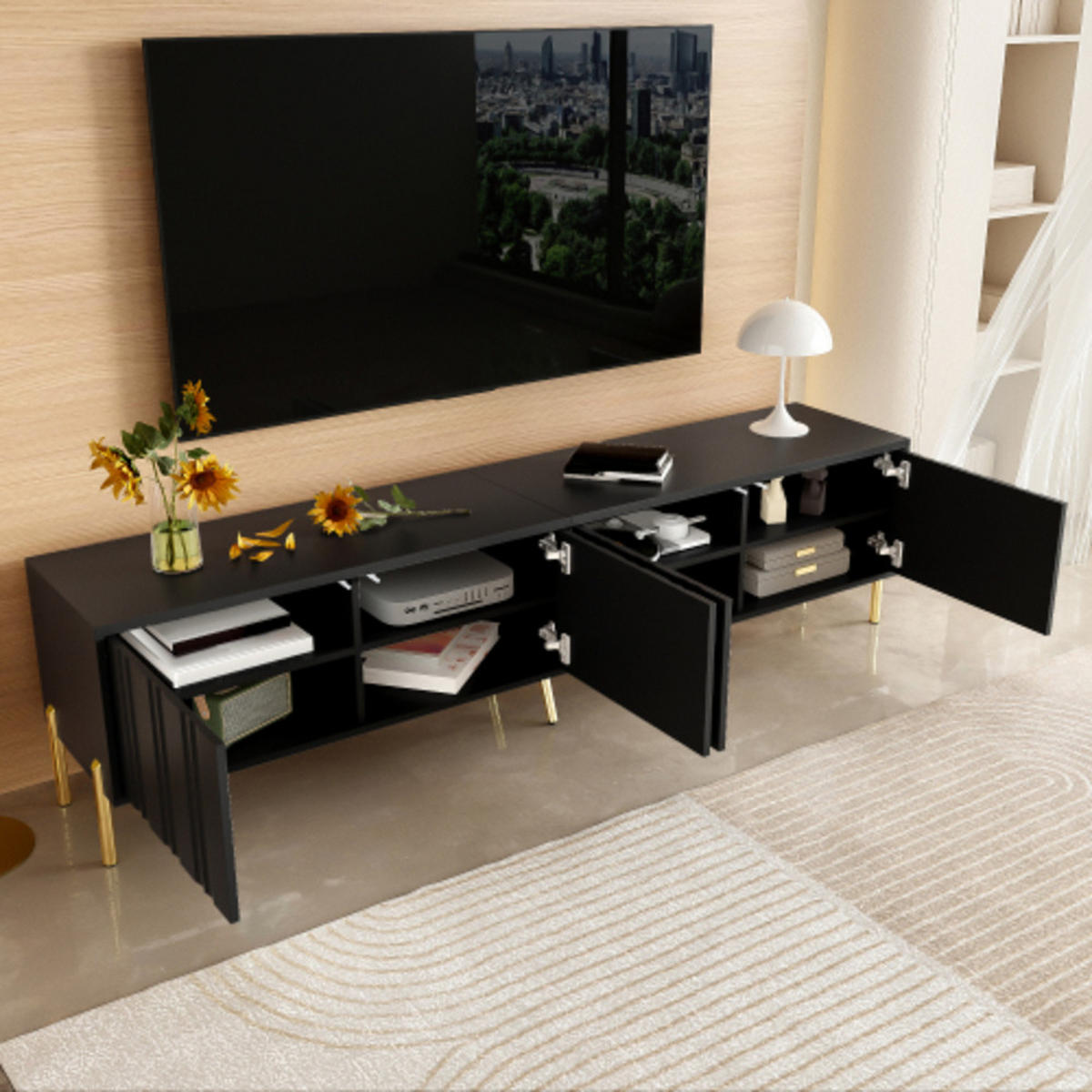 LOWBOARD Schwarz aus MDF und Spanplatte mit vertikalem Rillendesign & goldenen 15cm-Beinen 190×38×48 cm - Schwarz, Holzwerkstoff (190/48/38cm) - Luhomfu