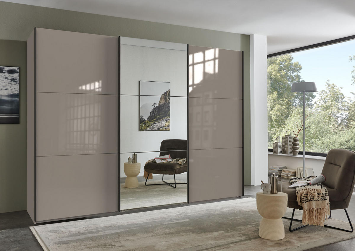 SCHWEBETÜRENSCHRANK 3-türig B300/H216/T65 cm in Sand Grau mit Glasfront und Spiegel inkl. Vollausstattung / 22040 - Sandfarben/Schwarz, Holzwerkstoff/Metall (300/216/65cm) - luma-home