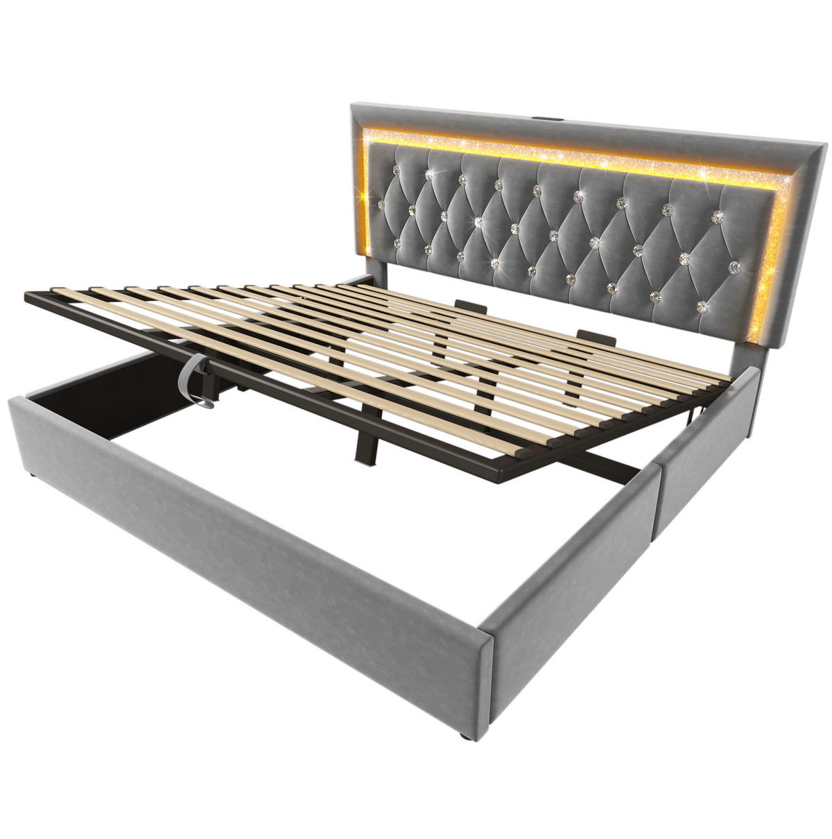 POLSTERBETT 180/200 cm Grau mit LED-Diamantstreifen USB- und Type-C-Anschlüssen, hydraulischem Stauraum - Grau, Textil (180/200cm) - OKWISH