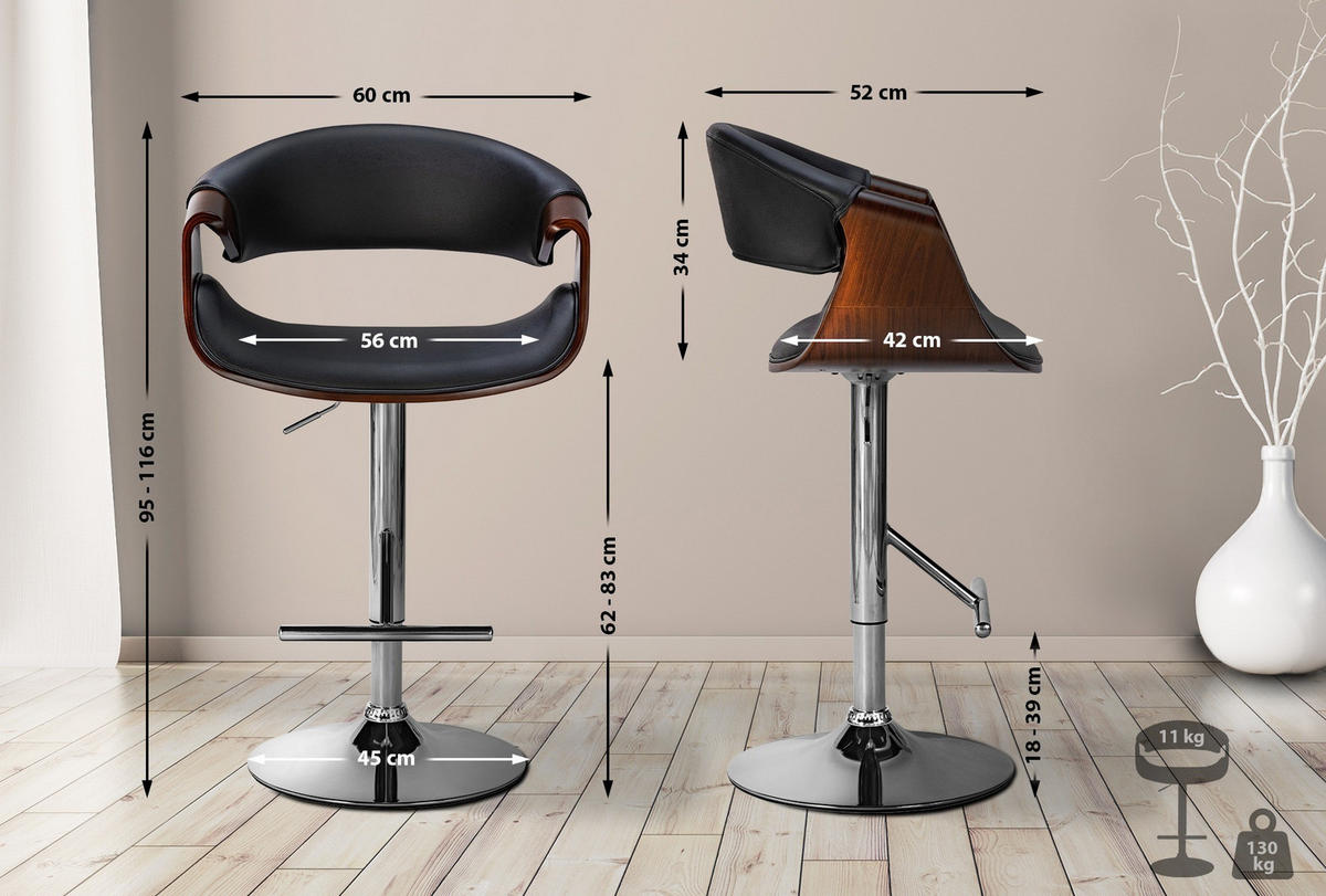 BARHOCKER Foley 2er Set 95-116x60x52 cm Walnuss/Schwarz - Nussbaumfarben, Leder (60/95/52cm) - furnicato