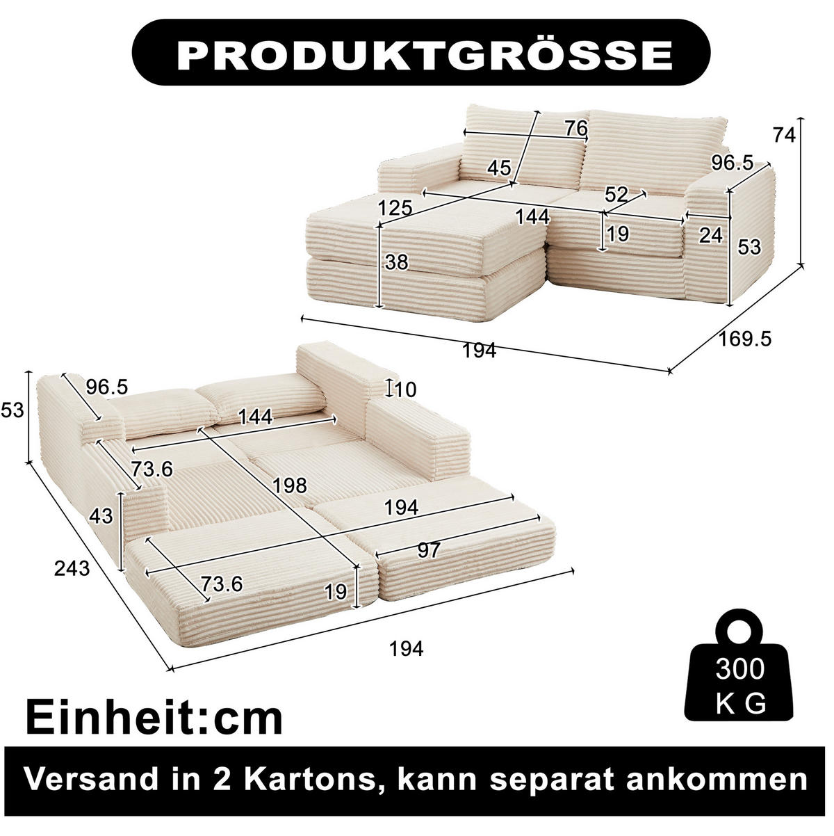 SOFA na razvlačenje bež od samta s pomičnim tabureom i modularnim rasporedom - bež, tekstil (169.5/74/194cm) - OKWISH