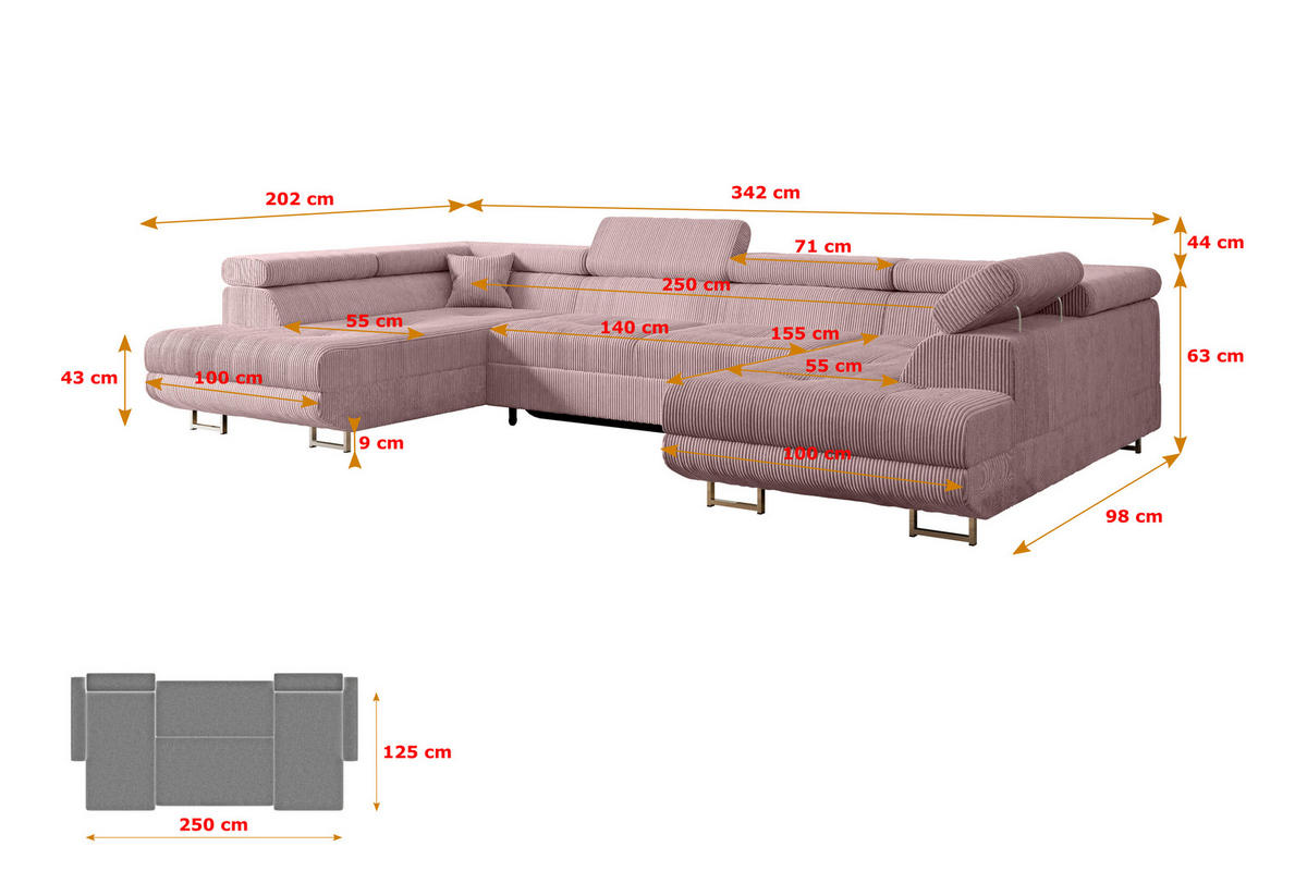 WOHNLANDSCHAFT mit Schlaffunktion und Bettkasten GUSA-U 342x202x107 cm Rosa Cord - Silberfarben/Rosa, Holzwerkstoff/Textil (342/107/202cm) - ALTDECOR