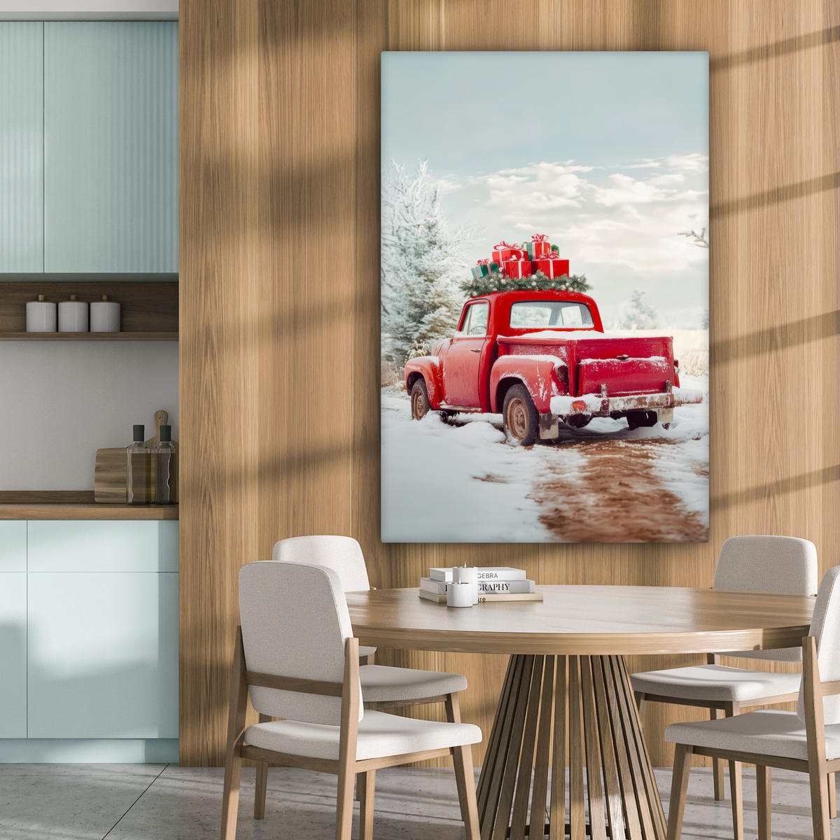 LEINWANDBILD Auto - Rot - Geschenke - Winter - Schnee - Weihnachten 90x140 cm - Rot, Textil (90/140cm) - MuchoWow