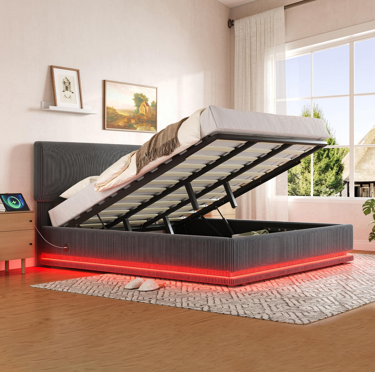 POLSTERBETT mit Stauraum, LED und USB-C 180x200 cm Cord Dark Gray - Dunkelgrau, Metall (180/200cm) - Meubliv