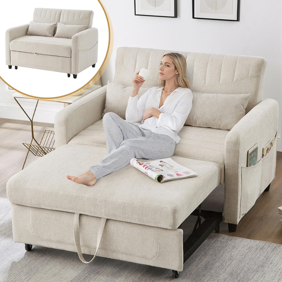 SCHLAFSOFA 2-Sitzer ausziehbar mit 3-stufiger Rückenlehne - Beige, Kunststoff (114/82.5/77cm)